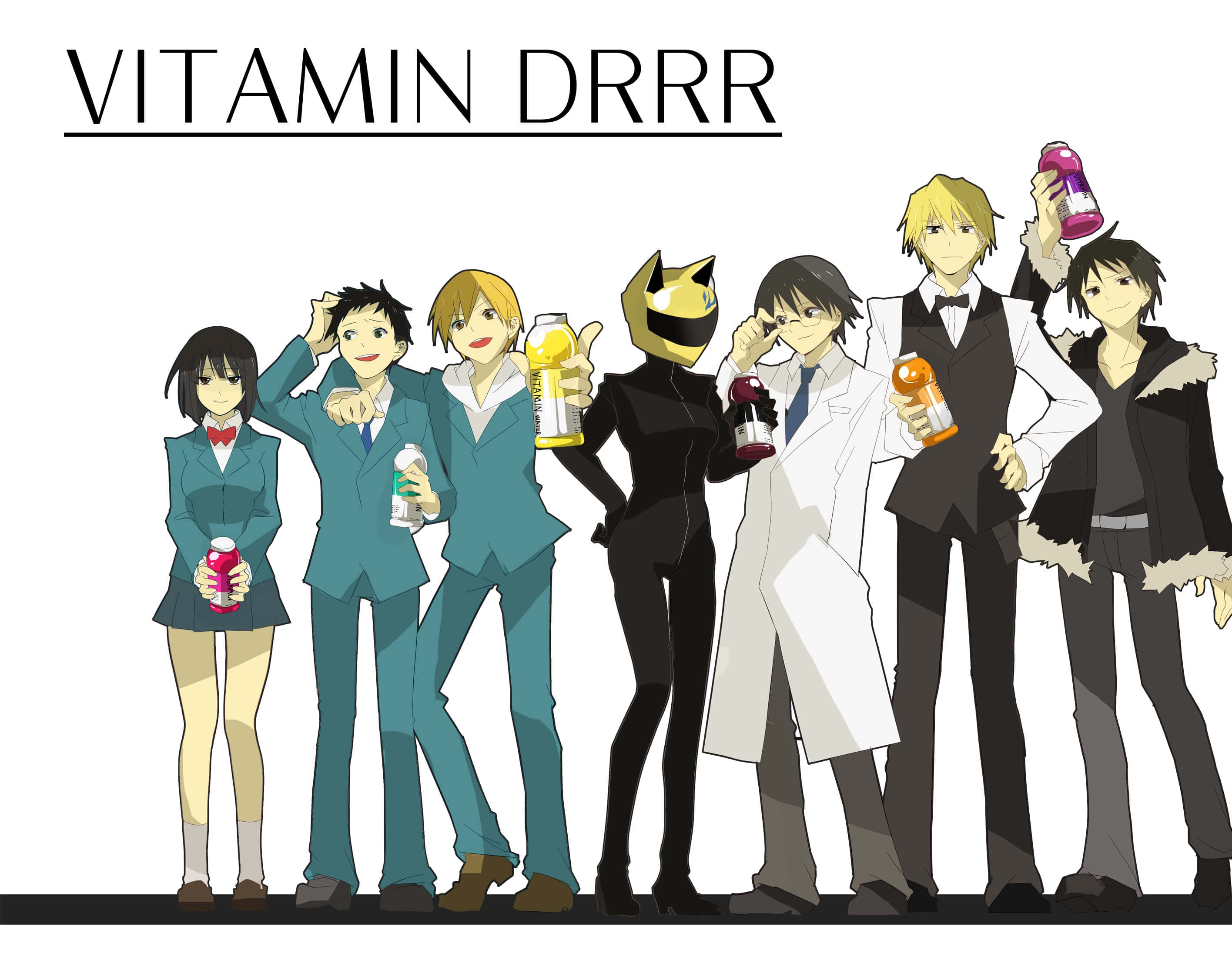 durarara 桌布 壁紙 — 七個穿著不同服裝的動漫角色在純白色背景前拿著彩色飲料瓶擺姿勢。
