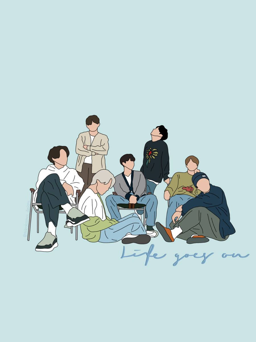 七個穿著休閒的人坐在和站在桌子周圍，帶有短語 life goes on。 — BTS 卡通 GIF 壁紙