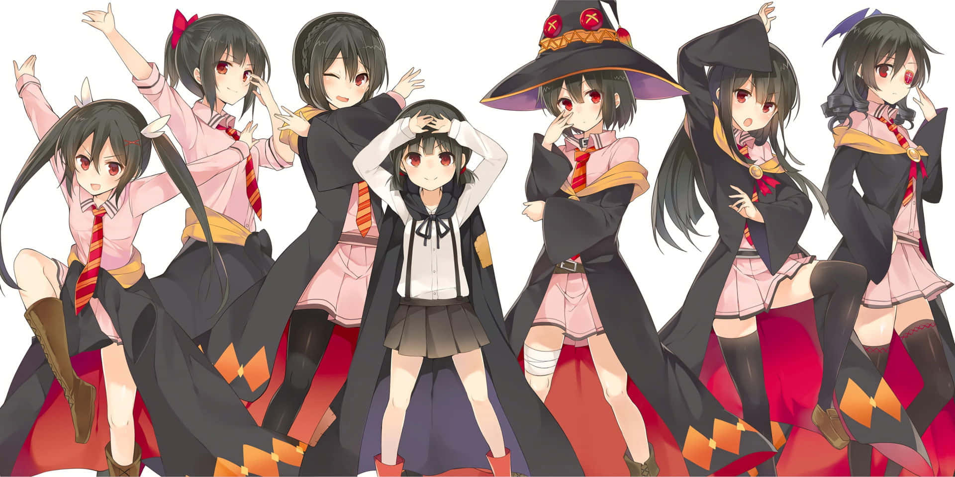 Konosuba God's Blessing On This Wonderful World 桌布 壁紙 — 七個穿著女巫服裝的動漫女孩在帶有紅色點綴的純白色背景前動態擺姿勢。