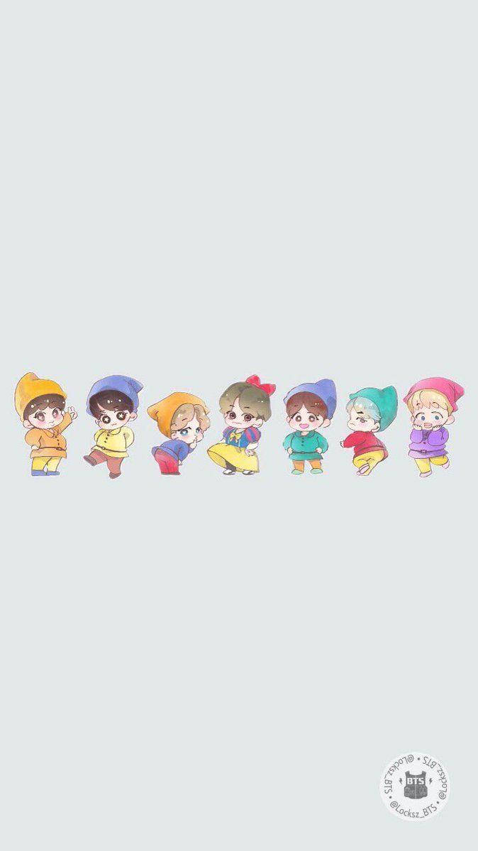 BTS 桌布 壁紙 — 七個穿著彩色連帽衫的Q版動畫角色排成一排，背景為純淺灰色。