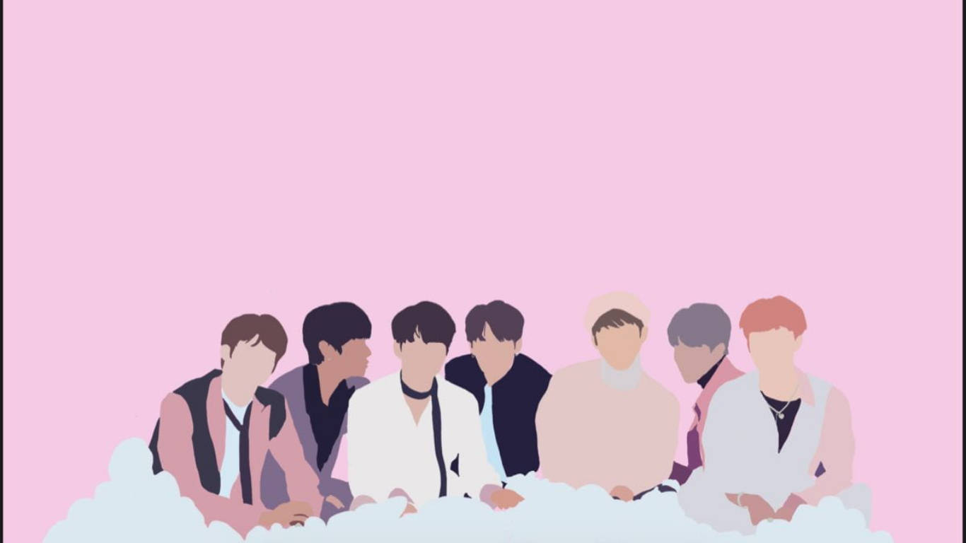 BTS 桌布 壁紙 — 七個穿著柔和色彩服裝的風格化人物，一起坐在柔軟的粉紅色背景上的蓬鬆雲朵上。