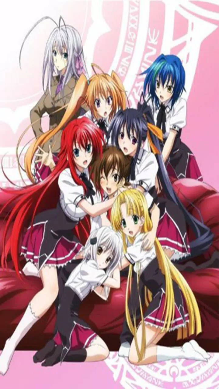 High School Dxd 桌布 壁紙 — 七個穿著校服的動漫女孩在紅色沙發上一起擺姿勢，背景是粉紅色，並帶有風格化的文字。