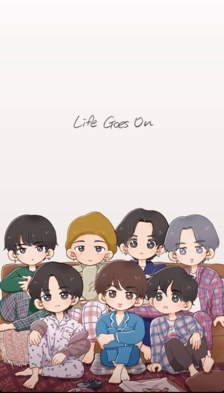 BTS 鎖定螢幕 桌布 壁紙 — 七個穿著睡衣的Q版動畫男孩一起坐在沙發上，上方有文字Life Goes On。