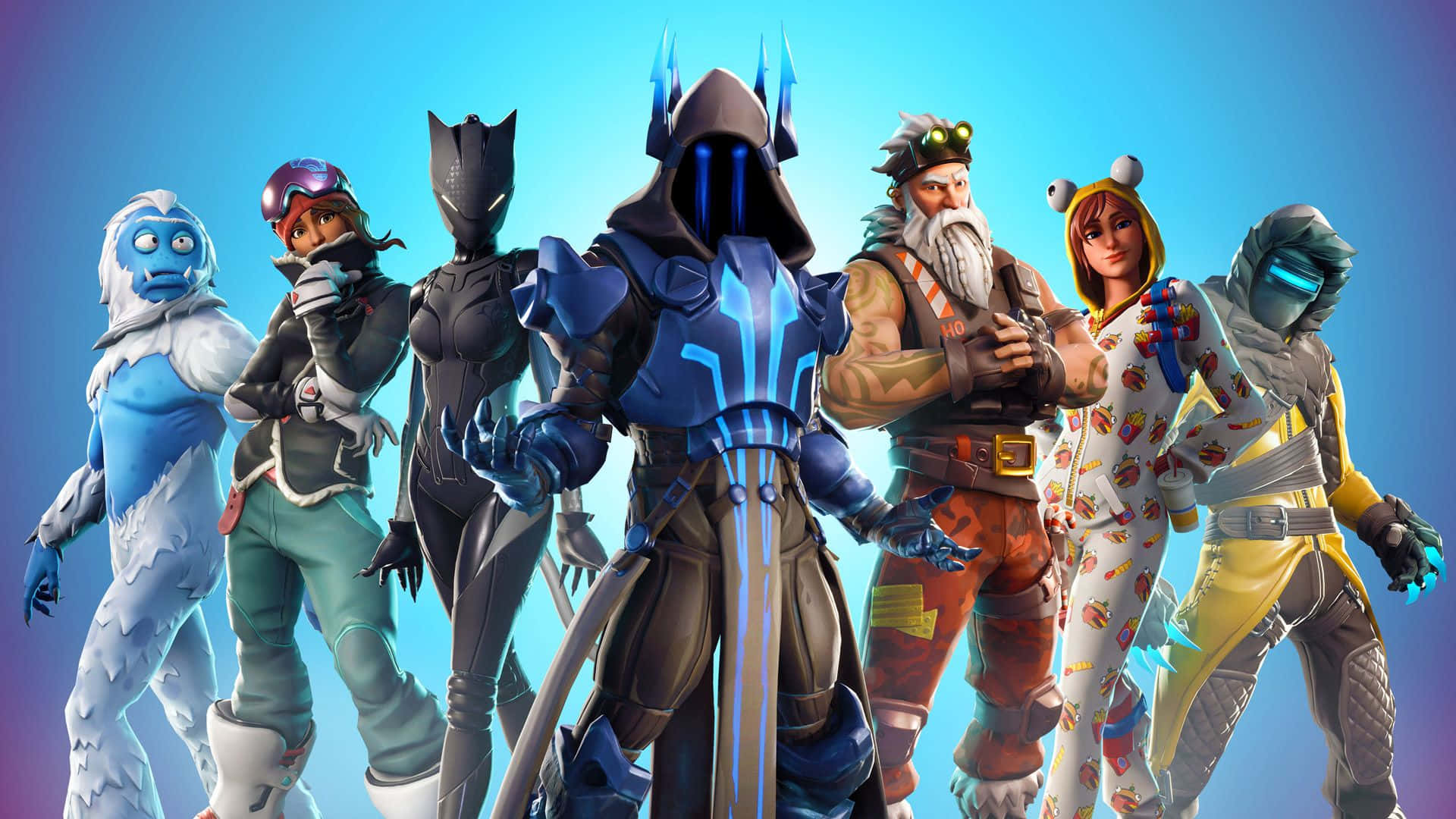 電玩遊戲 桌布 壁紙 — 七個穿著色彩繽紛服裝的 Fortnite 角色，自信地站在明亮的藍色漸變背景前。