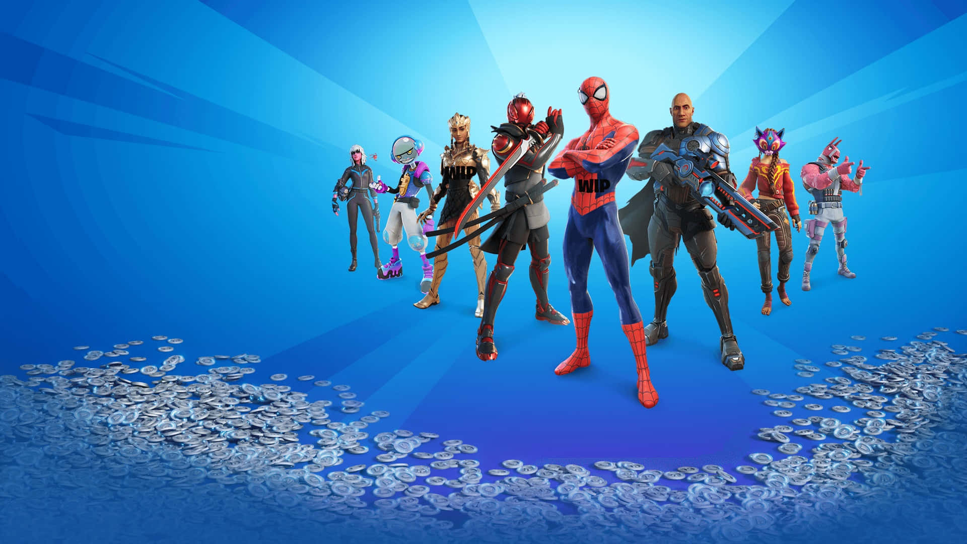 Fortnite Chapter 3 桌布 壁紙 — 七個穿著色彩繽紛服裝的Fortnite角色自信地站在散落著硬幣的藍色漸層地板上。