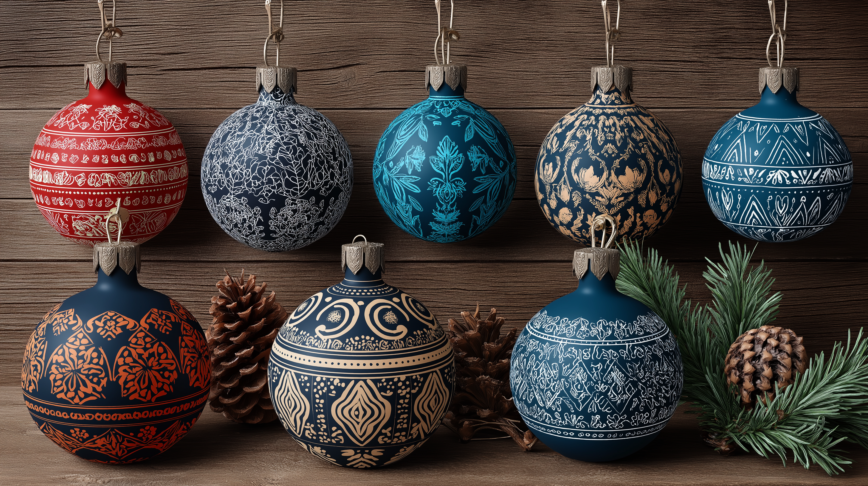 Ornaments 桌布 壁紙 — 七個精緻圖案的聖誕裝飾，紅色、藍色和金色，掛在質樸的木製背景上，配有松果和常綠枝條。
