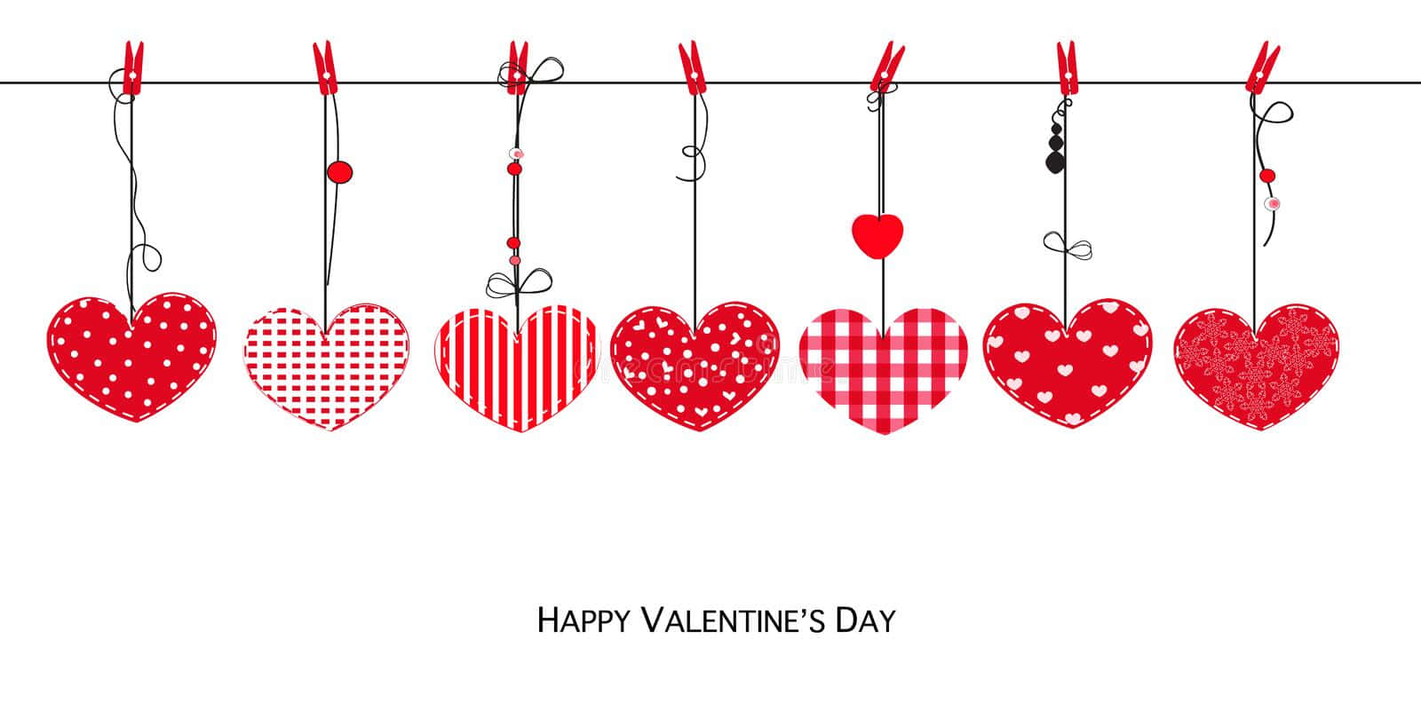 Happy Valentines 桌布 壁紙 — 七個紅色圖案心形用衣夾掛在繩上，背景為白色，並有「Happy Valentine's Day」文字。