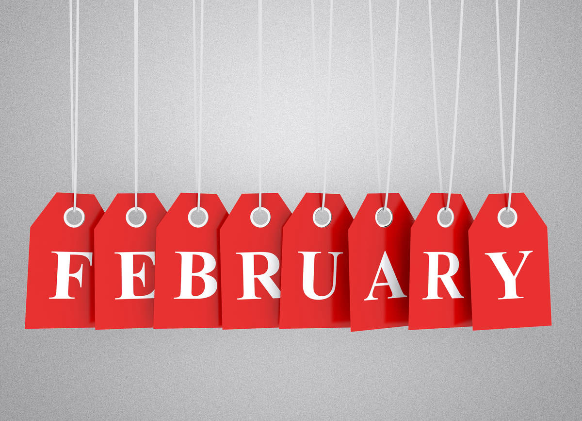 二月 桌布 壁紙 — 七個紅色掛牌在灰色背景上拼出February。