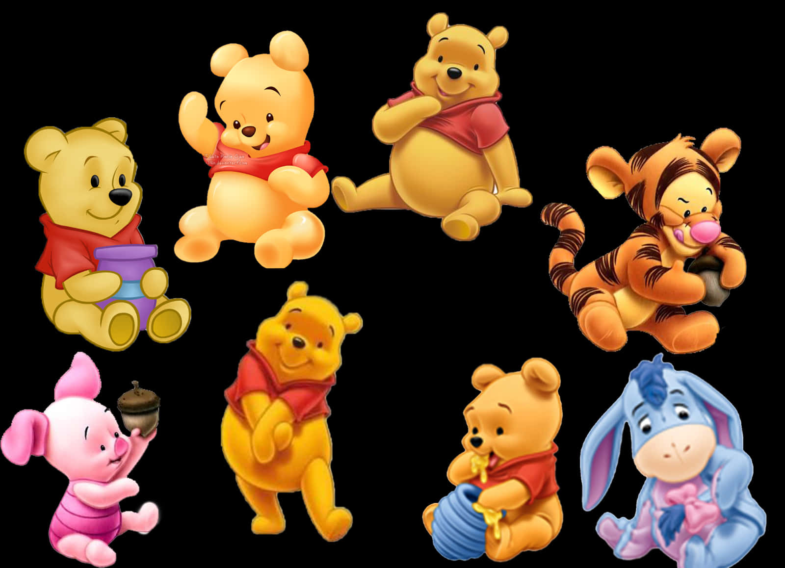 winnie the pooh 桌布 壁紙 — 七個經典迪士尼角色，包括小熊維尼、跳跳虎、小豬和屹耳，在黑色背景前以歡樂姿勢展示。