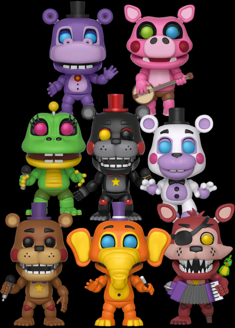 Freddy Fazbear 桌布 壁紙 — 七個色彩繽紛的 Funko Pop! 公仔，展示《Five Nights at Freddy's》角色，在黑色背景前擺出姿勢。