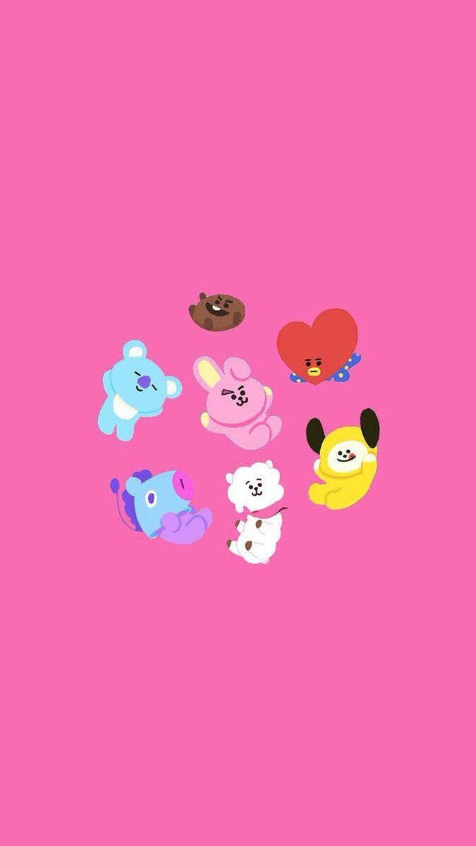 BT21 桌布 壁紙 — 七個色彩繽紛的BT21卡通角色在純粉紅色背景上頑皮地漂浮。