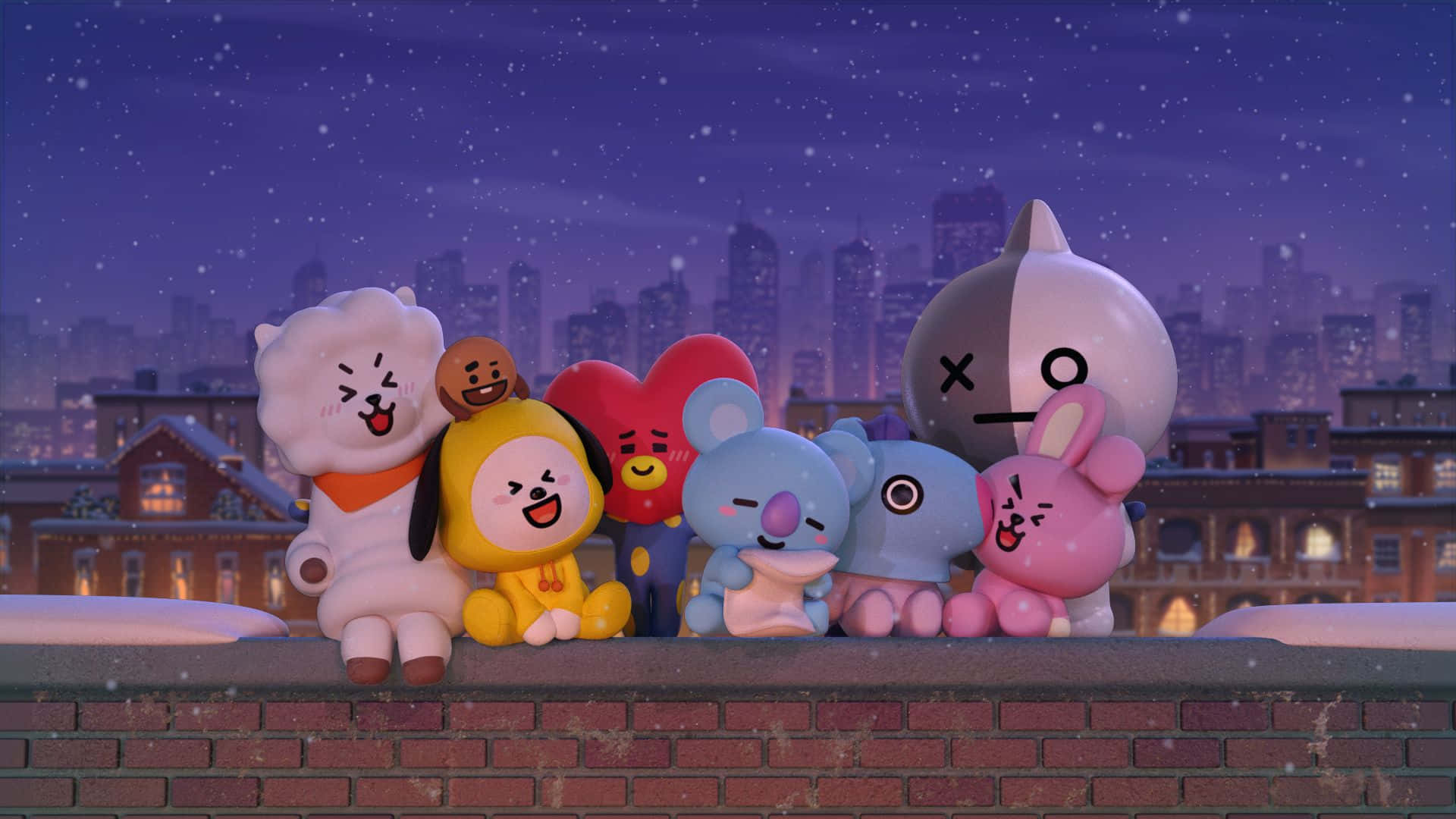 Bt21 4K 桌布 壁紙 — 七個色彩繽紛的BT21角色一起坐在積雪的磚砌窗台上，背景是夜晚閃爍的城市天際線。