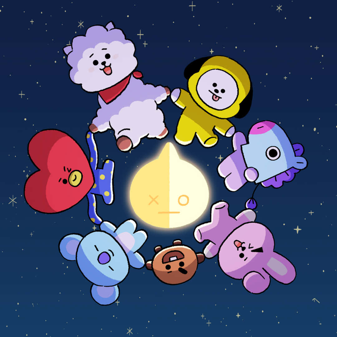 BT21 桌布 壁紙 — 七個色彩繽紛的卡通人物在繁星點點的夜空下，圍繞著發光的月亮快樂地漂浮。
