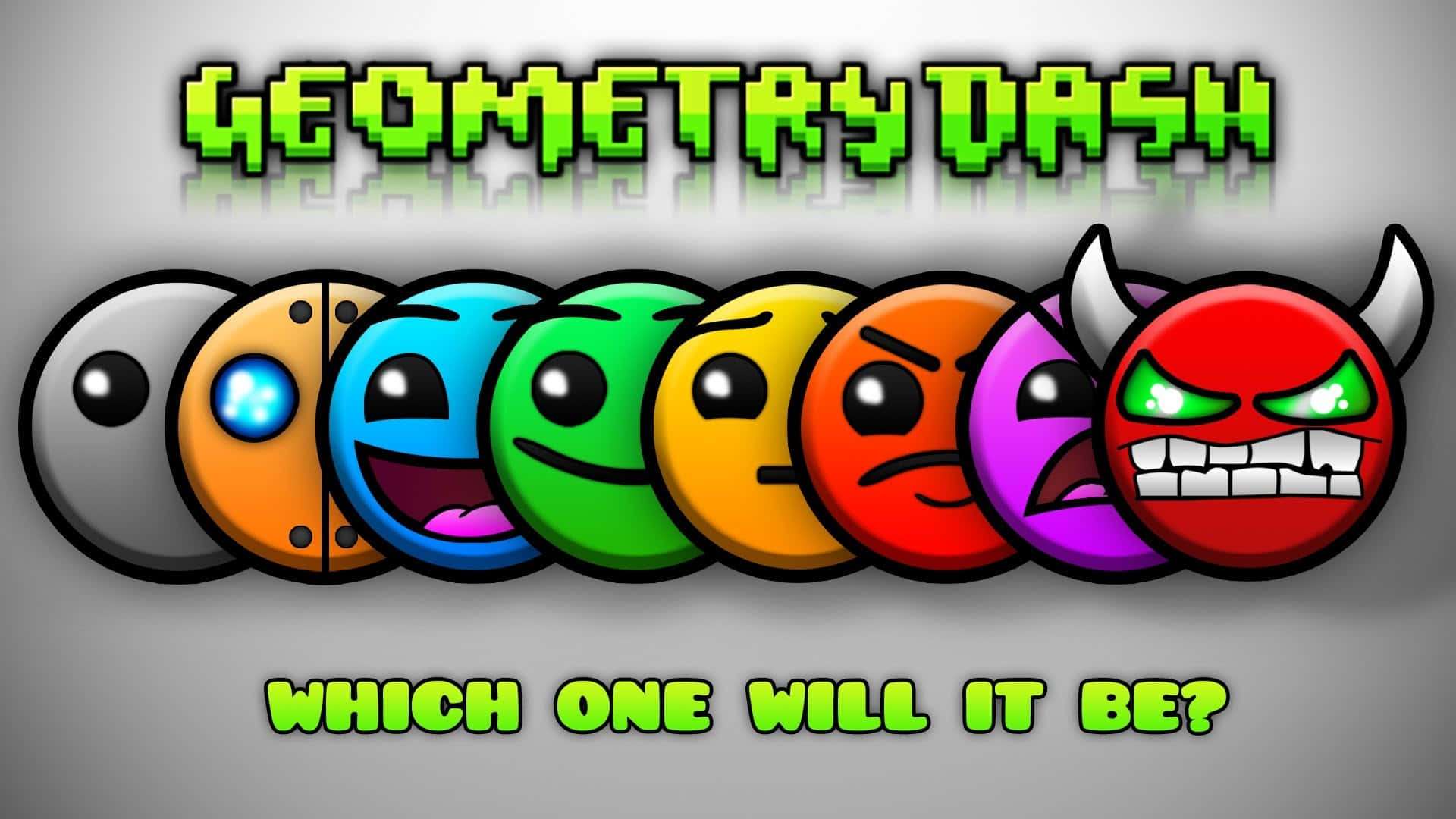 Geometry Dash 桌布 壁紙 — 七個色彩繽紛的卡通圓圈，帶有獨特的表情，在 Geometry Dash 標誌下排成一排。