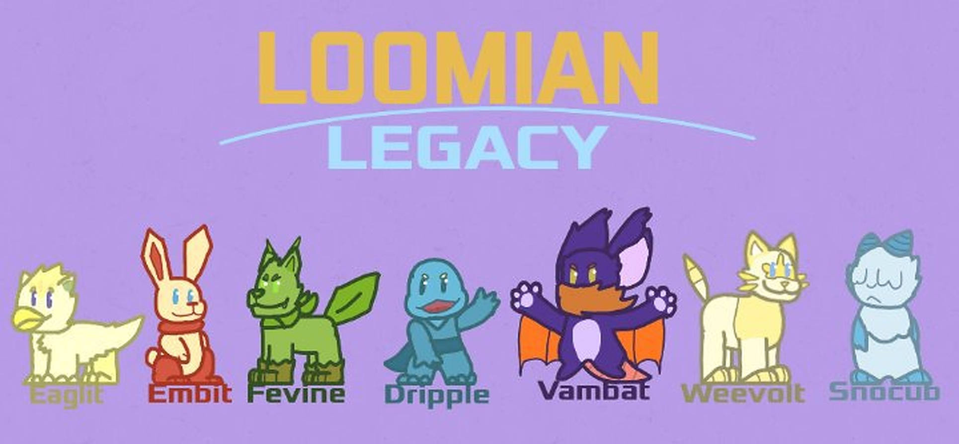 loomian legacy 桌布 壁紙 — 七個色彩繽紛的卡通生物在紫色背景上排成一排，標題為 Loomian Legacy。