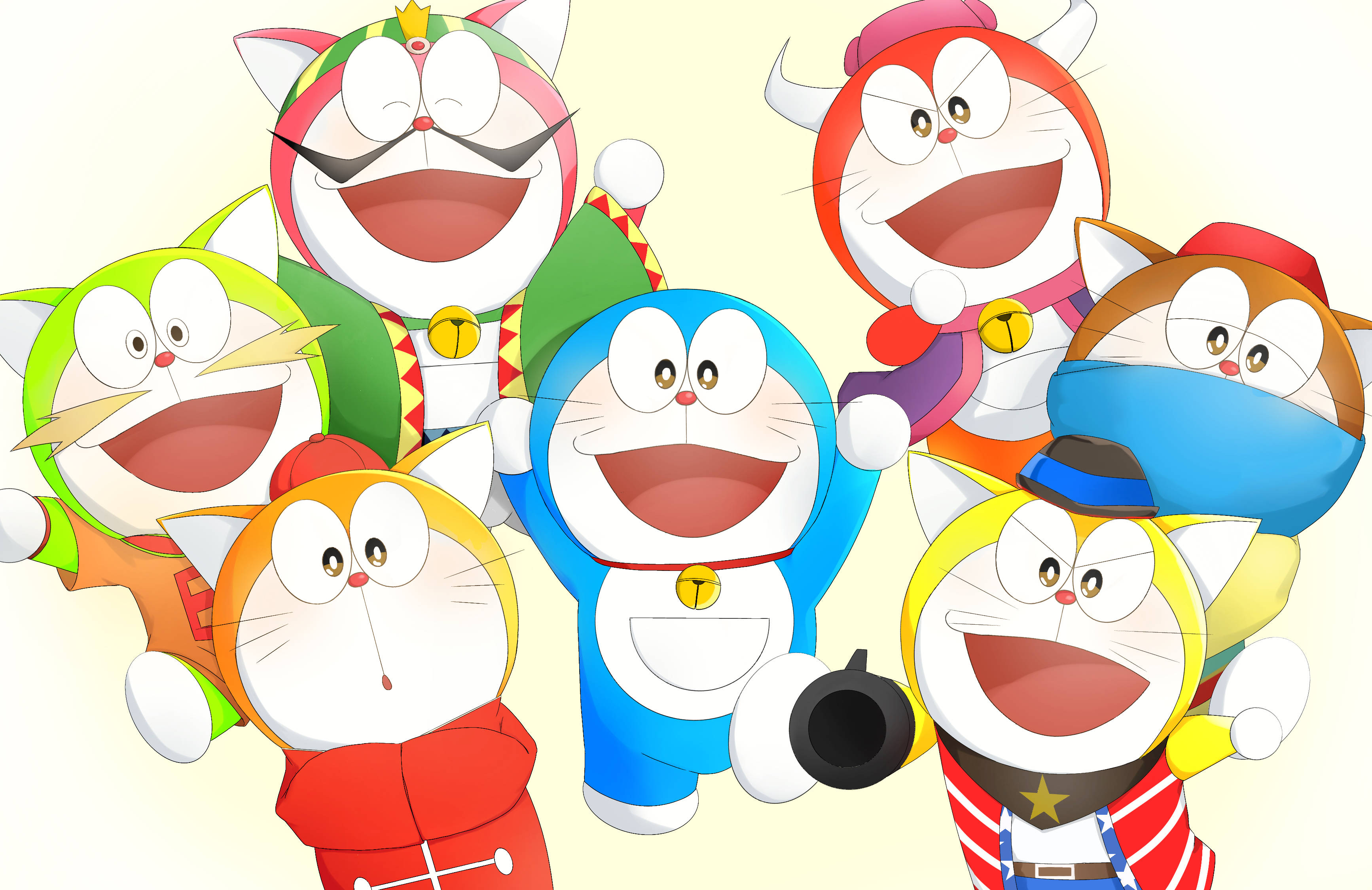 Cute Doraemon 桌布 壁紙 — 七個色彩繽紛的哆啦A夢角色穿著節日服裝，在柔和的奶油色背景前歡樂地大笑。