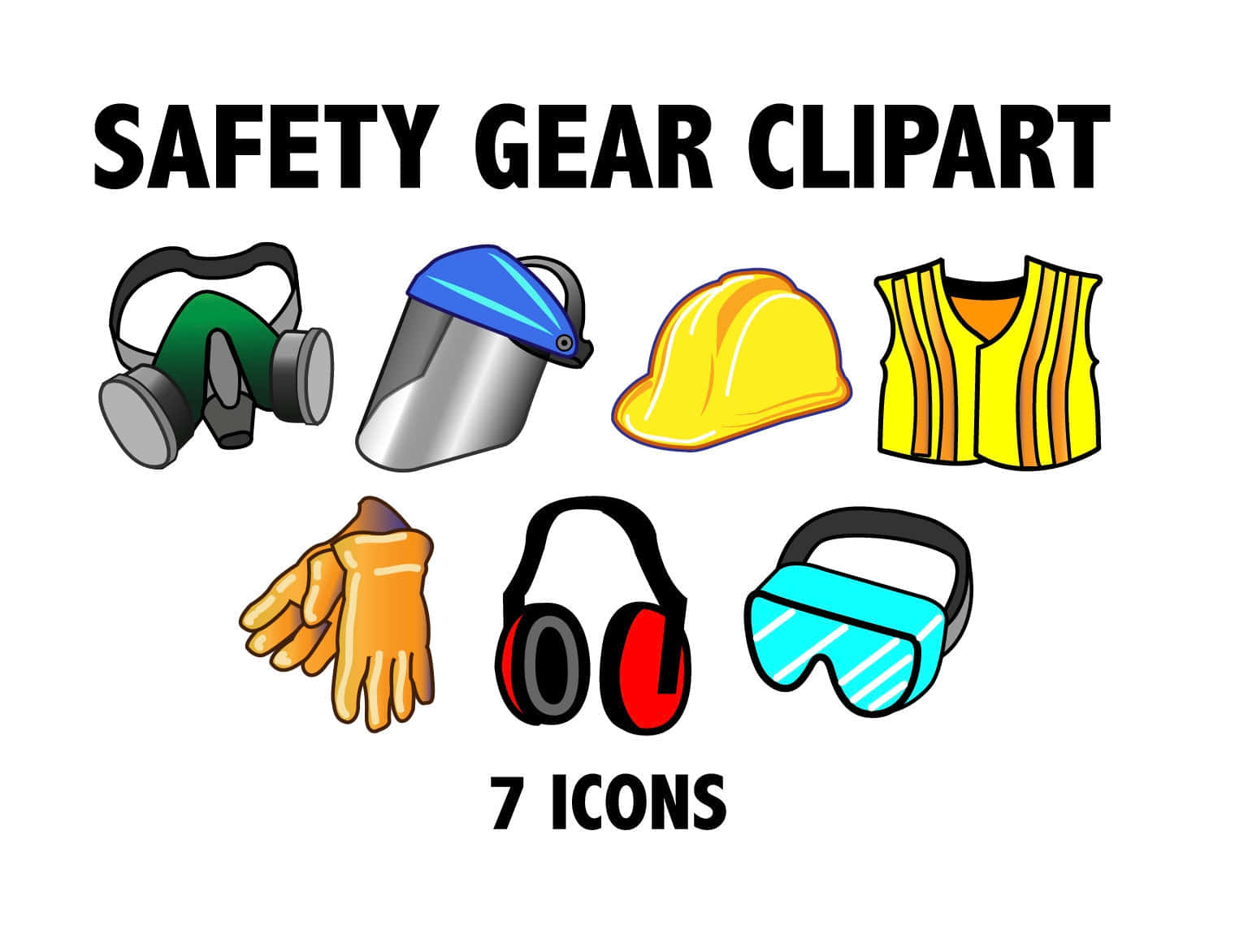 gear 桌布 壁紙 — 七個色彩繽紛的安全裝備圖示，包括呼吸器、頭盔、背心、手套、耳罩和護目鏡，整齊排列在白色背景上。