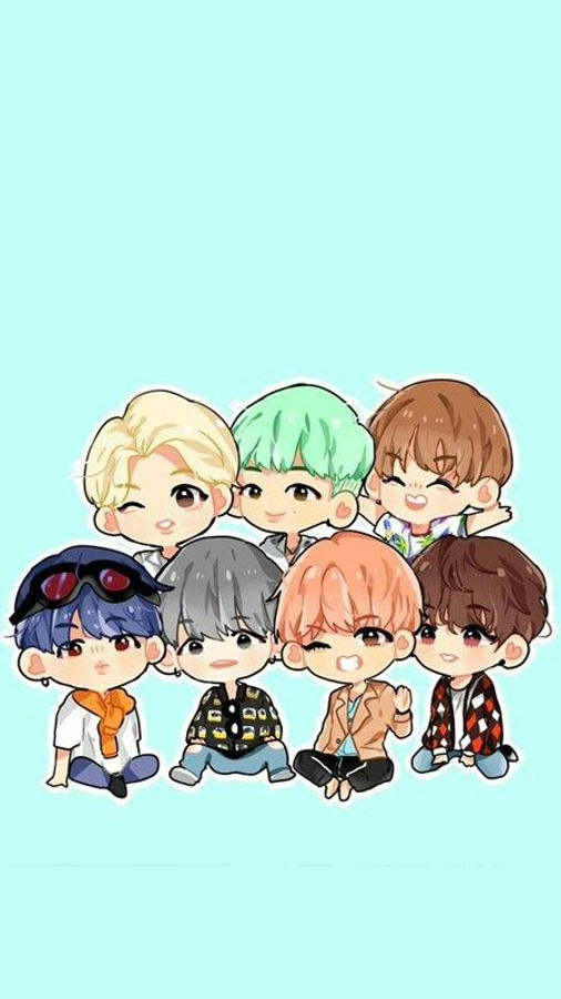 BTS 桌布 壁紙 — 七個色彩繽紛頭髮、穿著不同服裝的Q版動畫男孩，一起坐在柔和的薄荷色背景前。