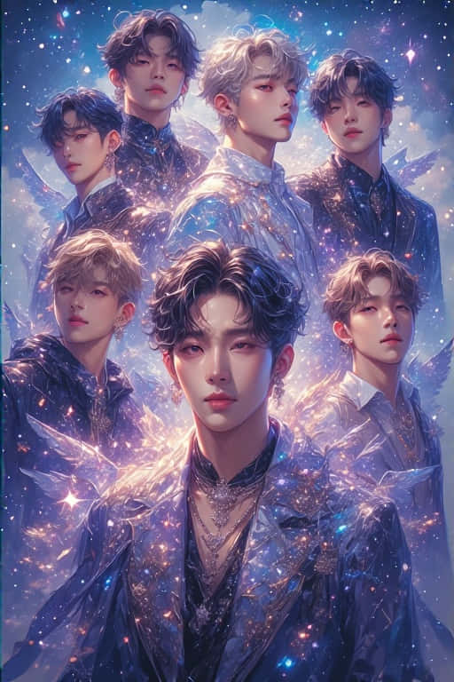 Fantasy Realistic K-pop Group 壁紙 — 七個英俊的男人帶著天使翅膀，在閃爍的宇宙藍色背景中發光，穿著閃亮的深色外套。