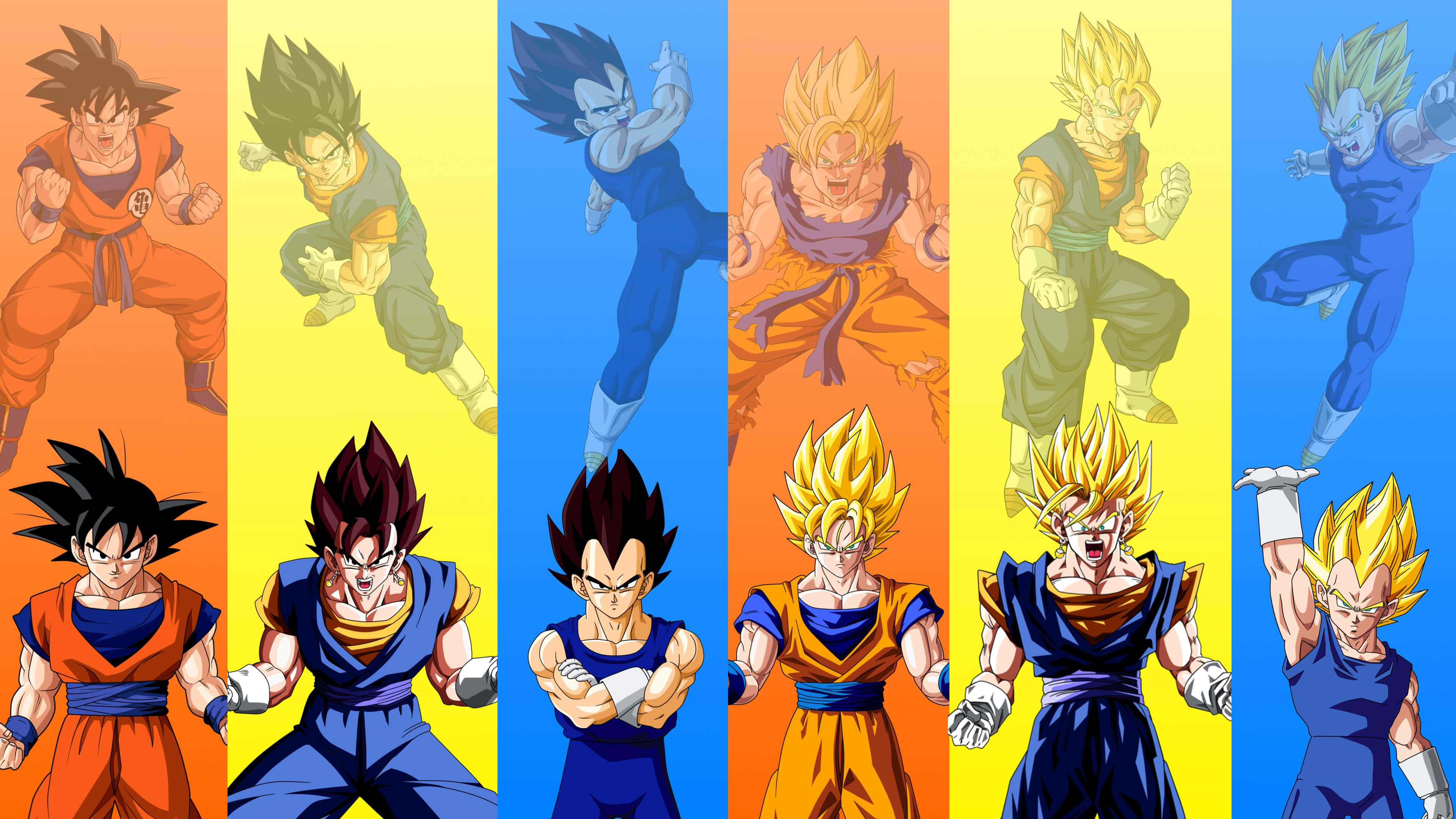 Gogeta And Vegito 桌布 壁紙 — 七個賽亞人戰士以動態姿勢排列在鮮豔的垂直彩色條紋上，展示他們的力量水平。