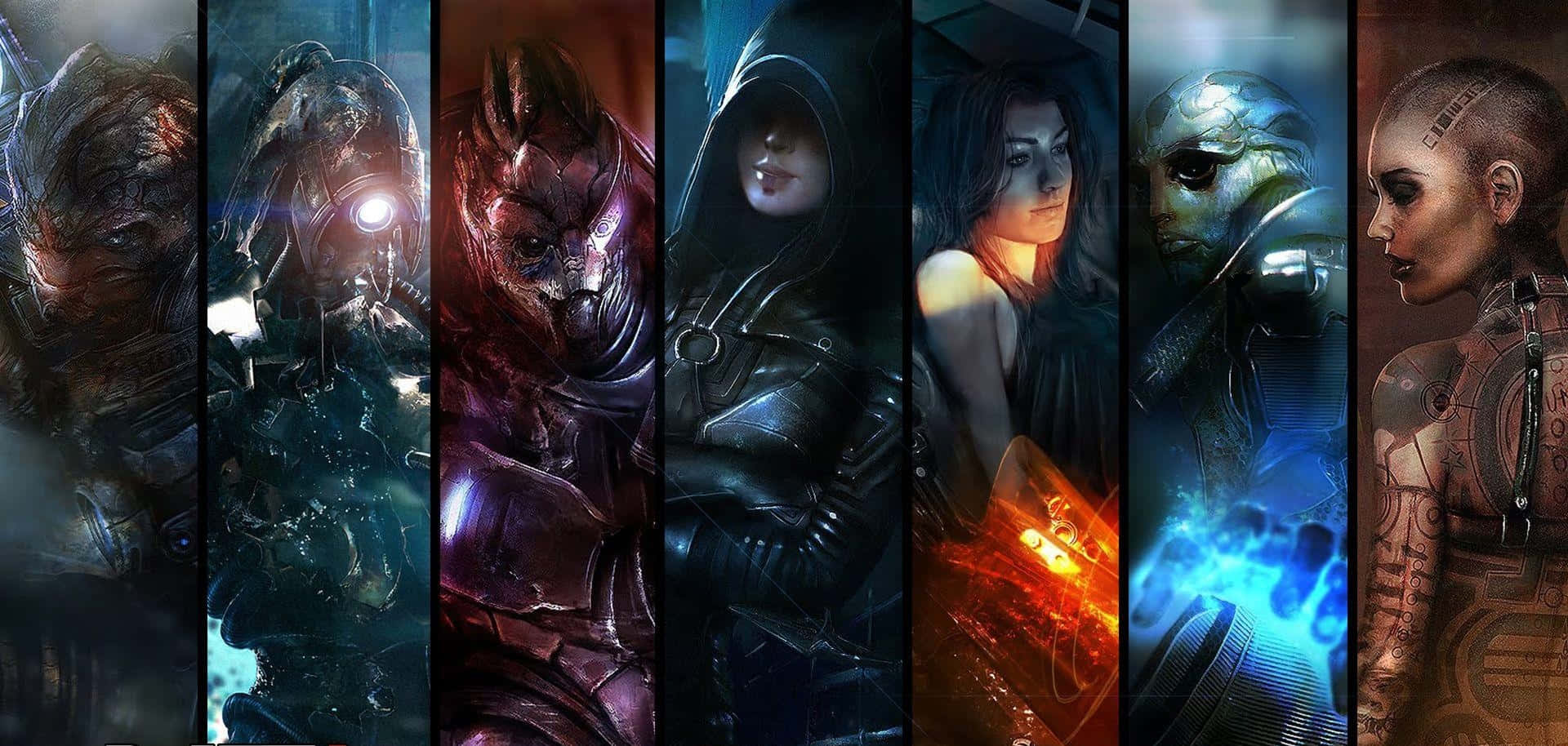 Mass Effect Characters 桌布 壁紙 — 七個賽博龐克角色，身穿黑暗未來風格裝備，帶有發光燈光和義體強化。