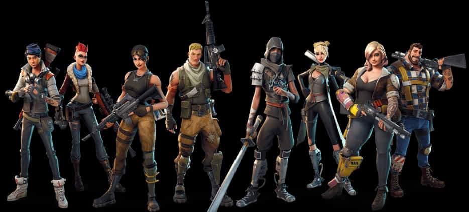 Fortnite Character 桌布 壁紙 — 七個身穿戰鬥裝備的Fortnite角色排成一排，站在黑色背景前，每人手持武器。
