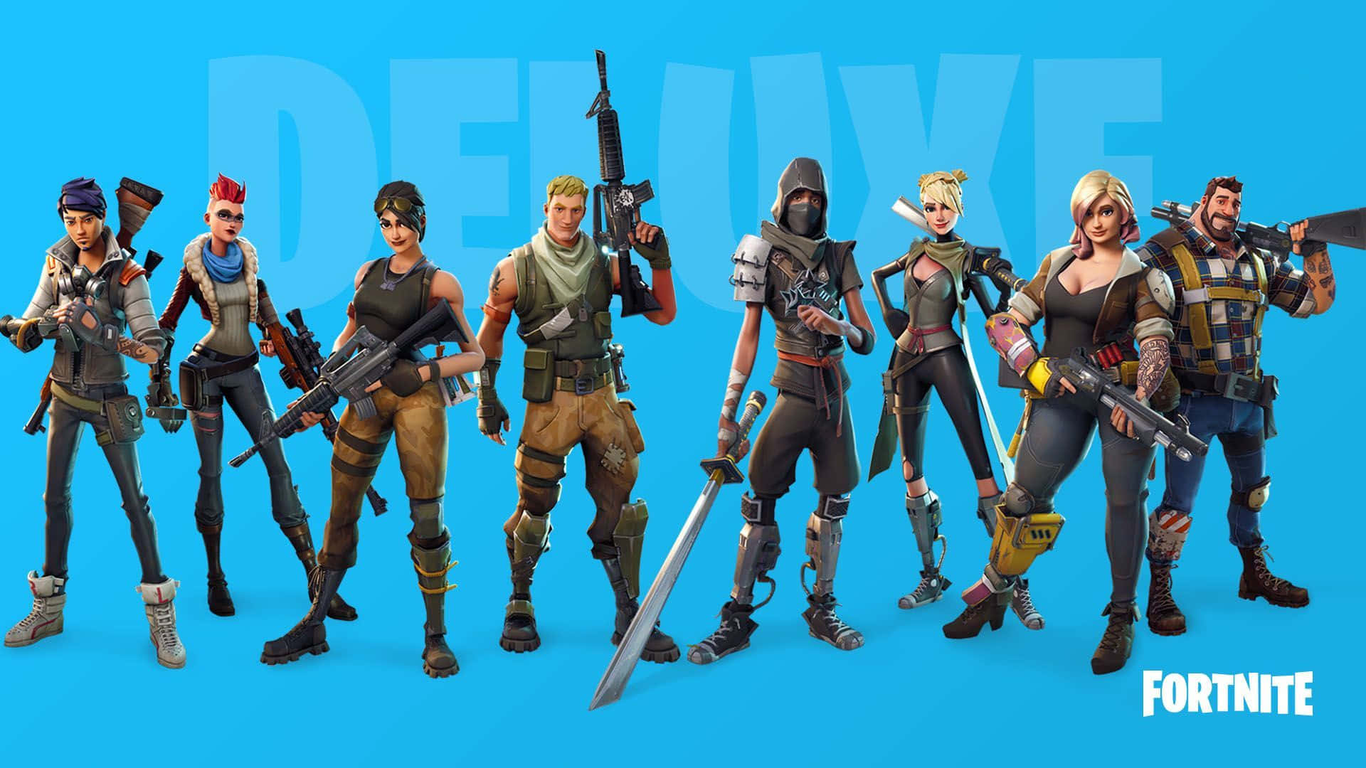 遊戲 桌布 壁紙 — 七個身穿戰鬥裝備的Fortnite角色排成一排，背景是明亮的藍色，上面有「DELUXE」字樣。