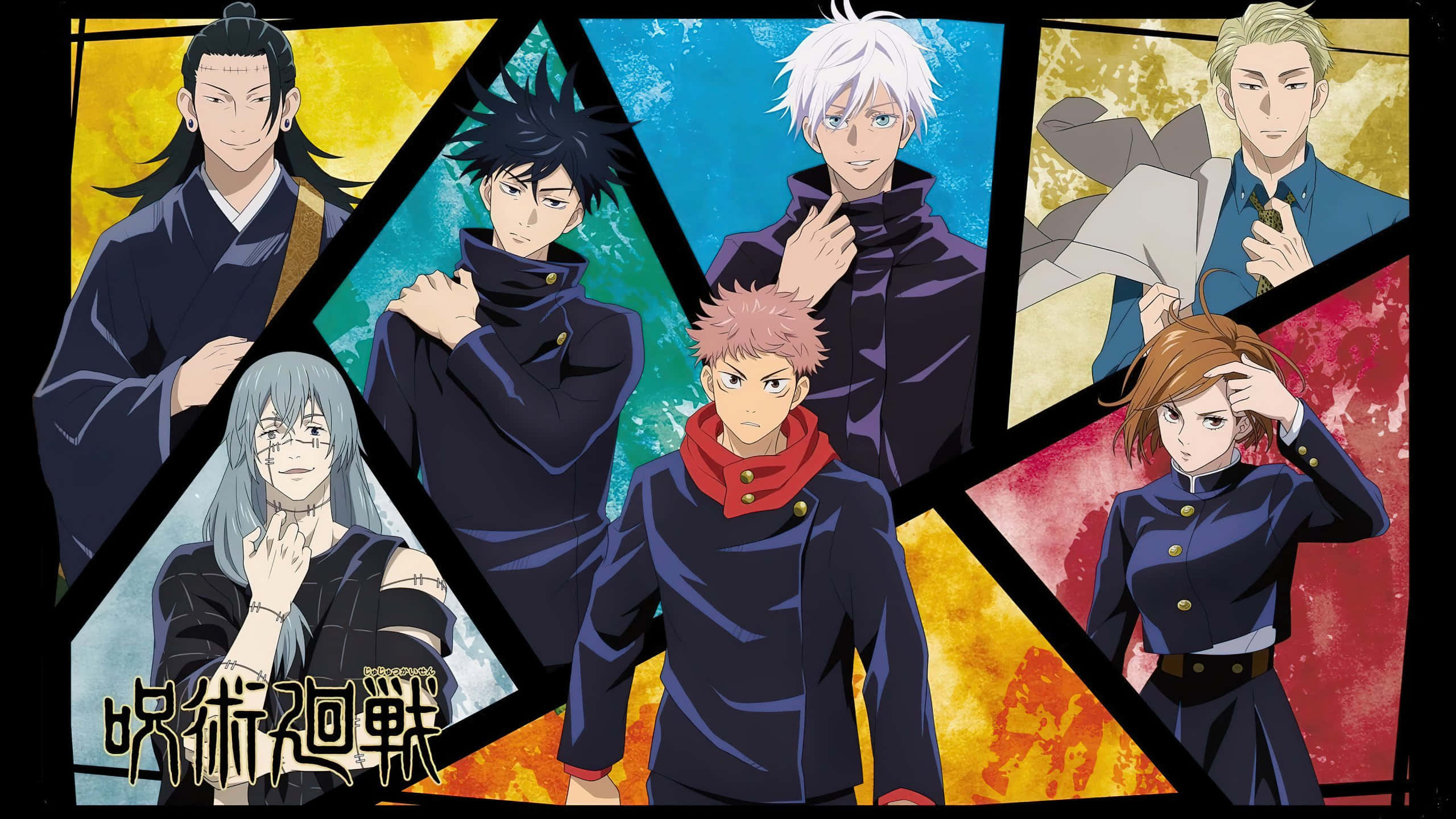 Anime All Characters HD 桌布 壁紙 — 七個身穿深色制服的動漫角色站在幾何圖案的面板上，背景是鮮豔的顏色。