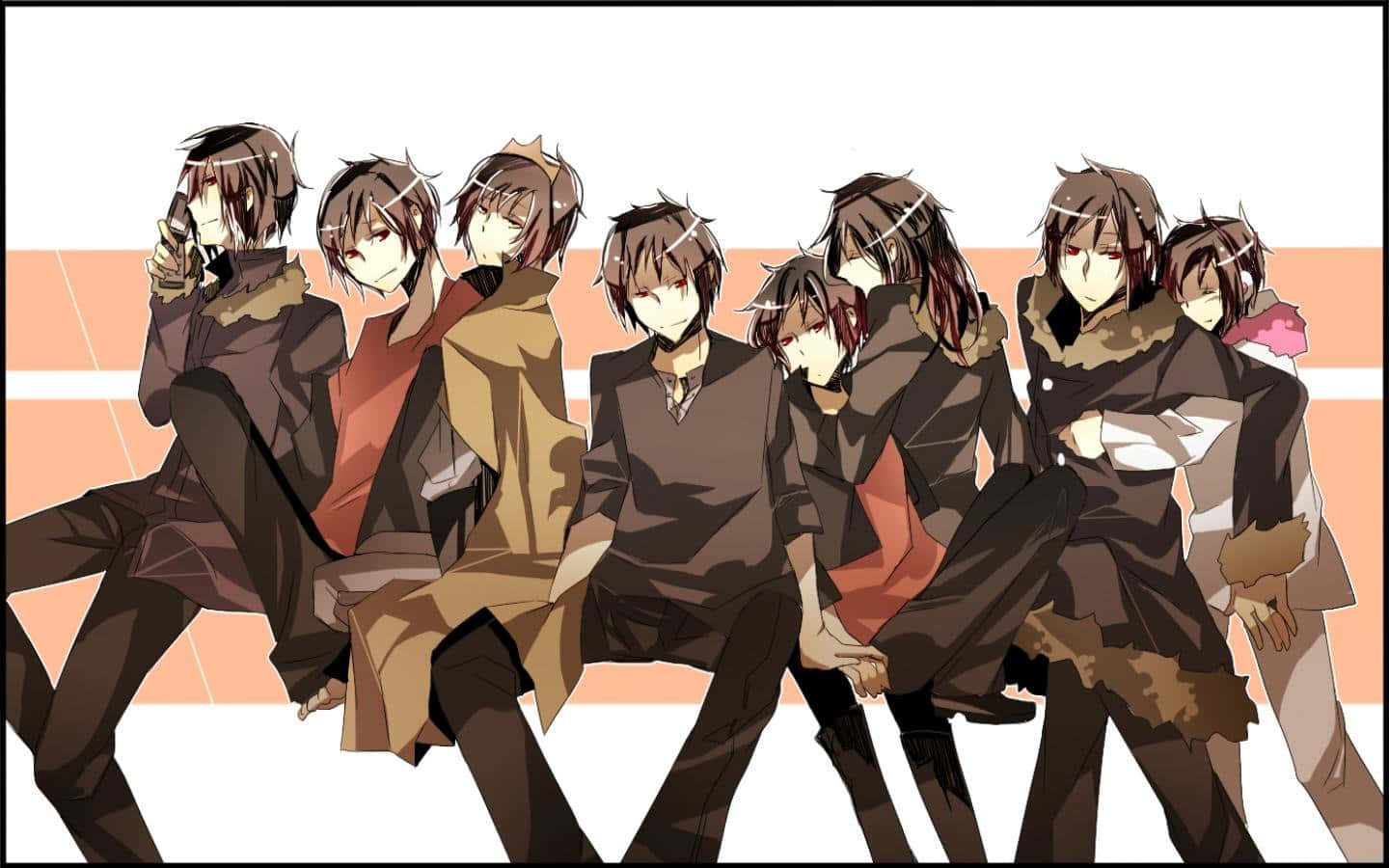 Izaya Orihara 桌布 壁紙 — 七個身穿深色外套的動漫角色在橙色和白色條紋背景前動態擺姿勢。