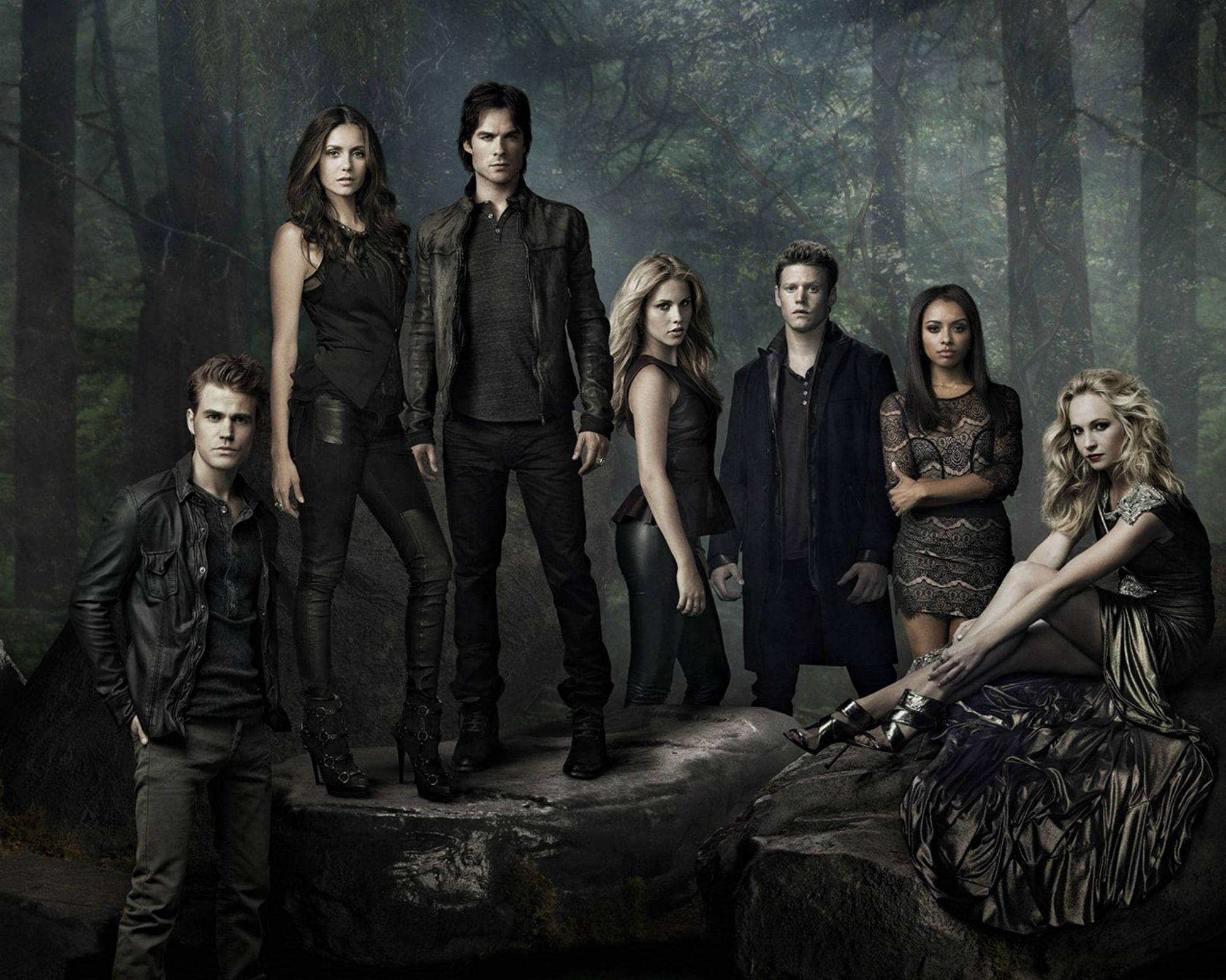 Vampire Diaries 桌布 壁紙 — 七個身穿深色衣服的角色在迷霧森林中戲劇性地擺姿勢，背景有高聳的樹木和岩石地形。