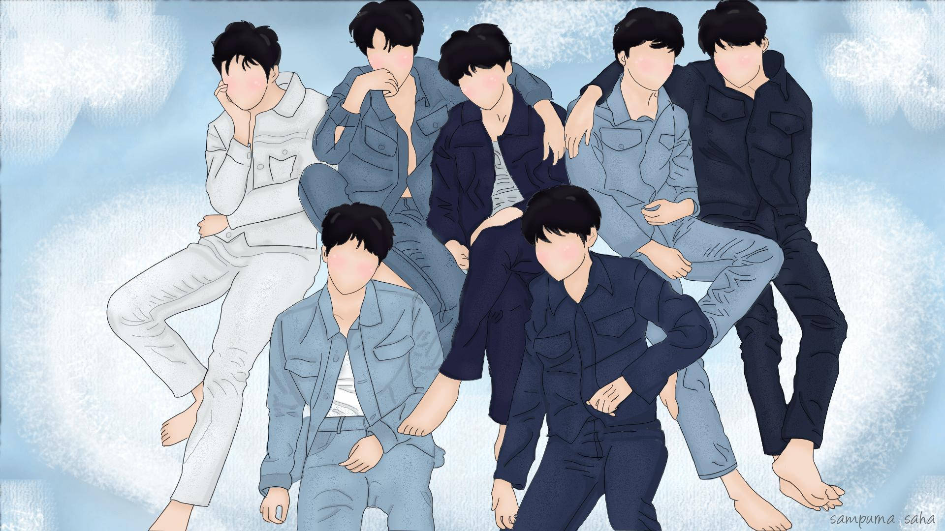 BTS 桌布 壁紙 — 七個身穿牛仔布和休閒服的插圖人物在柔和的藍色雲朵背景前擺姿勢。