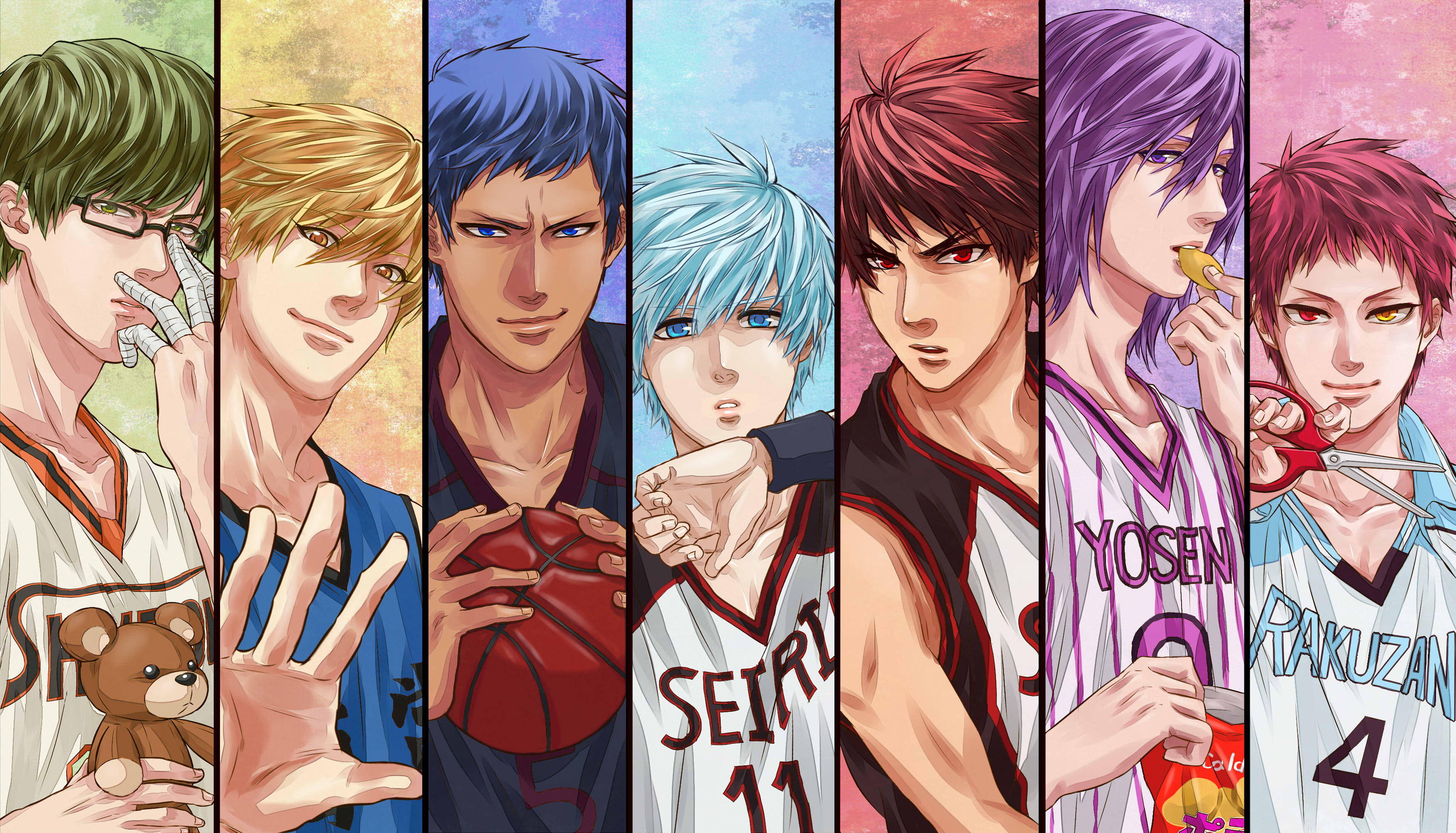 Kuroko 桌布 壁紙 — 七個身穿球隊球衣的動漫籃球運動員，每個都有獨特的髮色和表情，以垂直面板顯示。