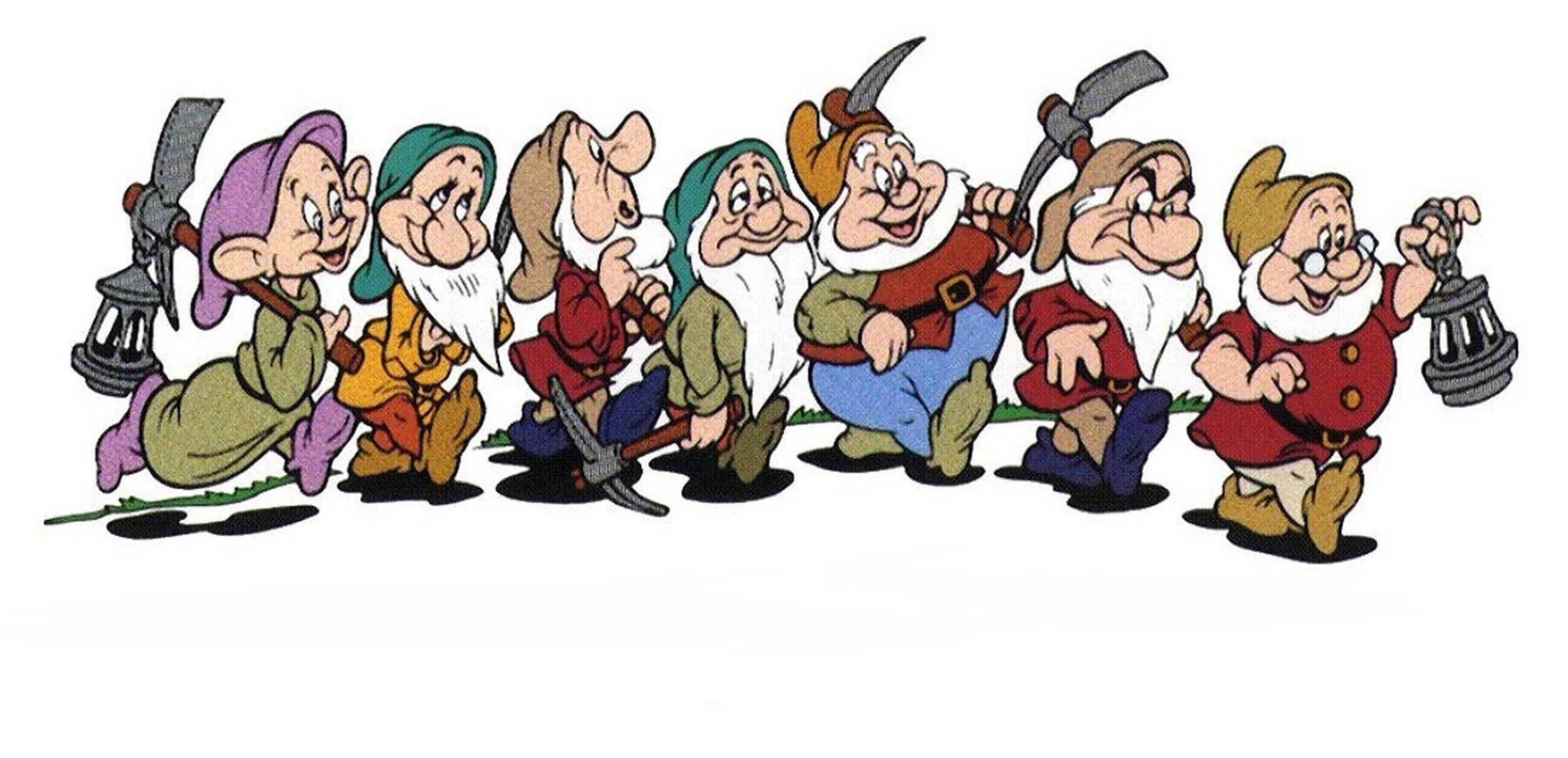 Seven Dwarfs 桌布 壁紙 — 七個身穿色彩繽紛服裝的快樂小矮人向前行進，每人手持鎬或燈籠，背景為純白色。