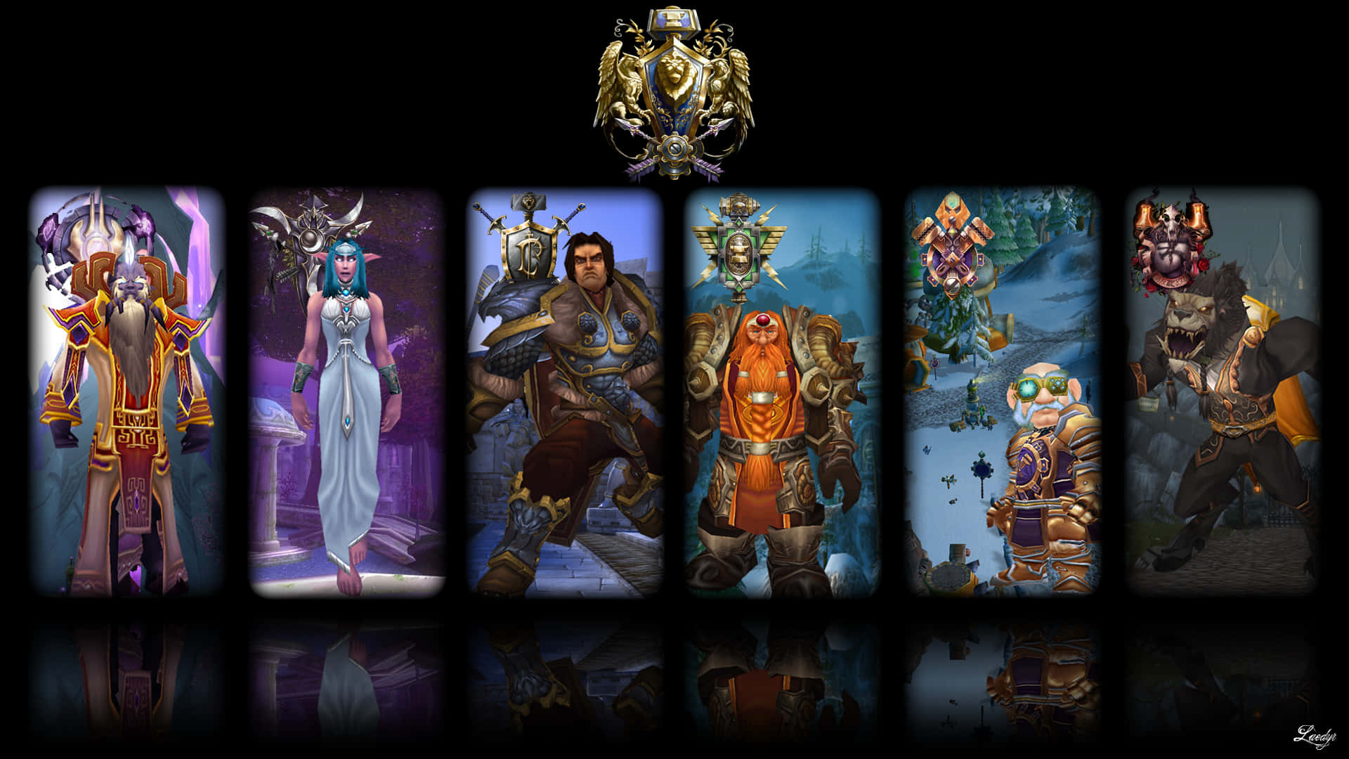 game 桌布 壁紙 — 七個身穿華麗盔甲的奇幻角色在黑暗背景下排成一排，站在一個發光的標誌下面。