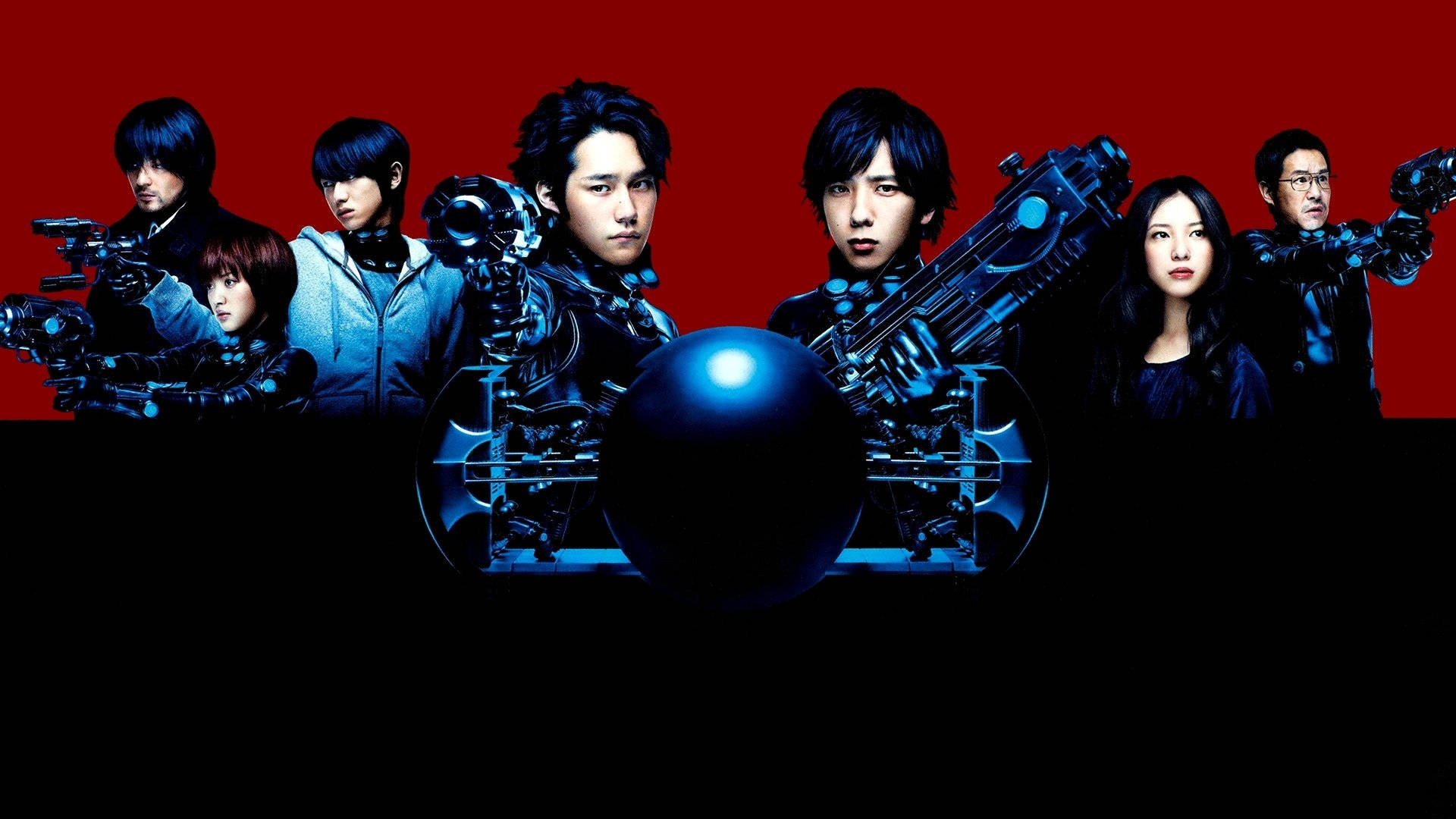 Gantz 桌布 壁紙 — 七個身穿藍色盔甲的賽博龐克角色站在紅色背景前，手持發光武器，中央有一個藍色球體。
