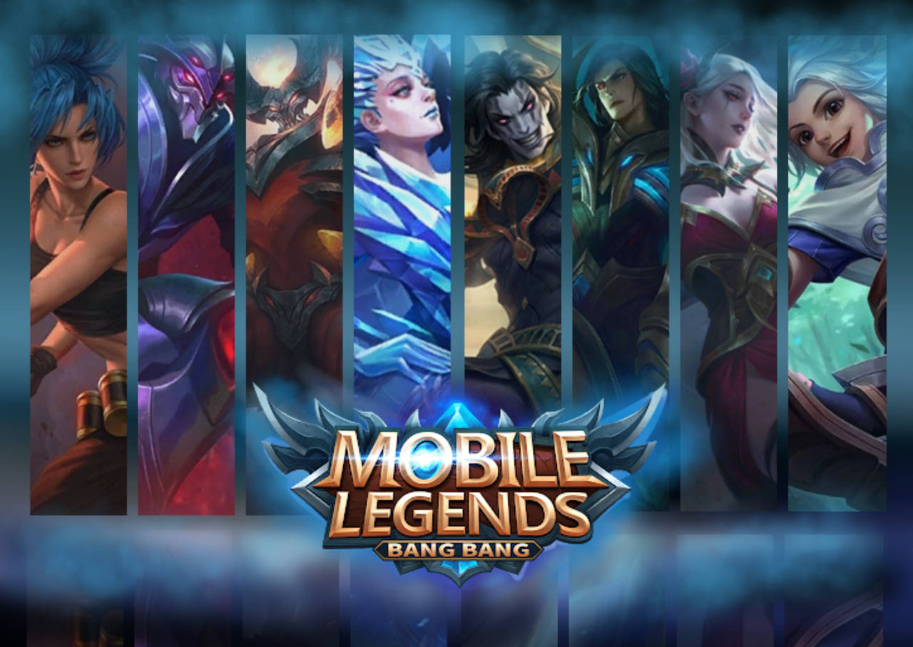 mobile legends logo 桌布 壁紙 — 七個身穿鮮豔盔甲的奇幻遊戲角色站在垂直面板上，上方是Mobile Legends Bang Bang標誌。