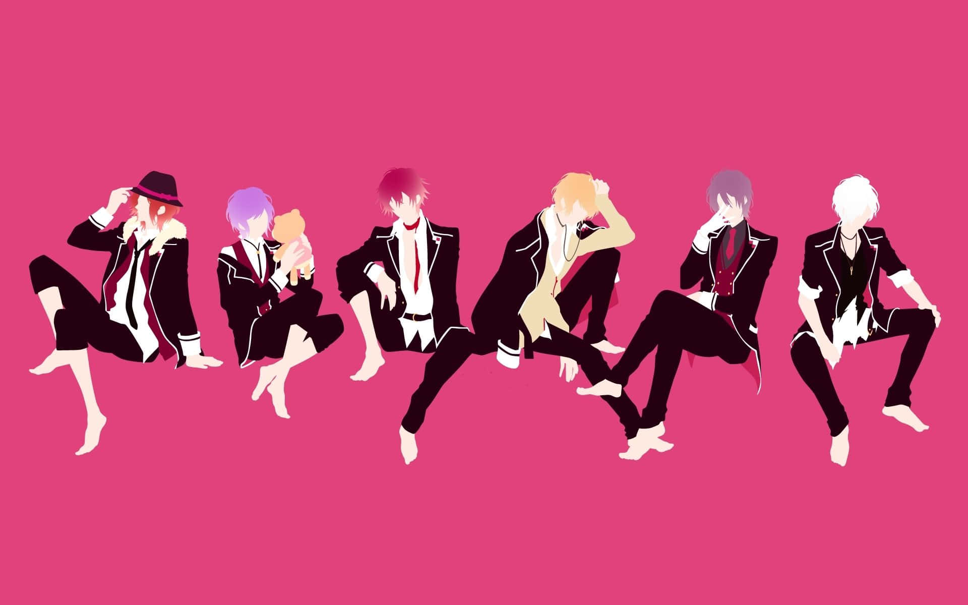 Diabolik Lovers 桌布 壁紙 — 七個身穿黑色西裝的動畫男孩隨意地坐在充滿活力的粉紅色背景上，每個人都有獨特的髮色和姿勢。
