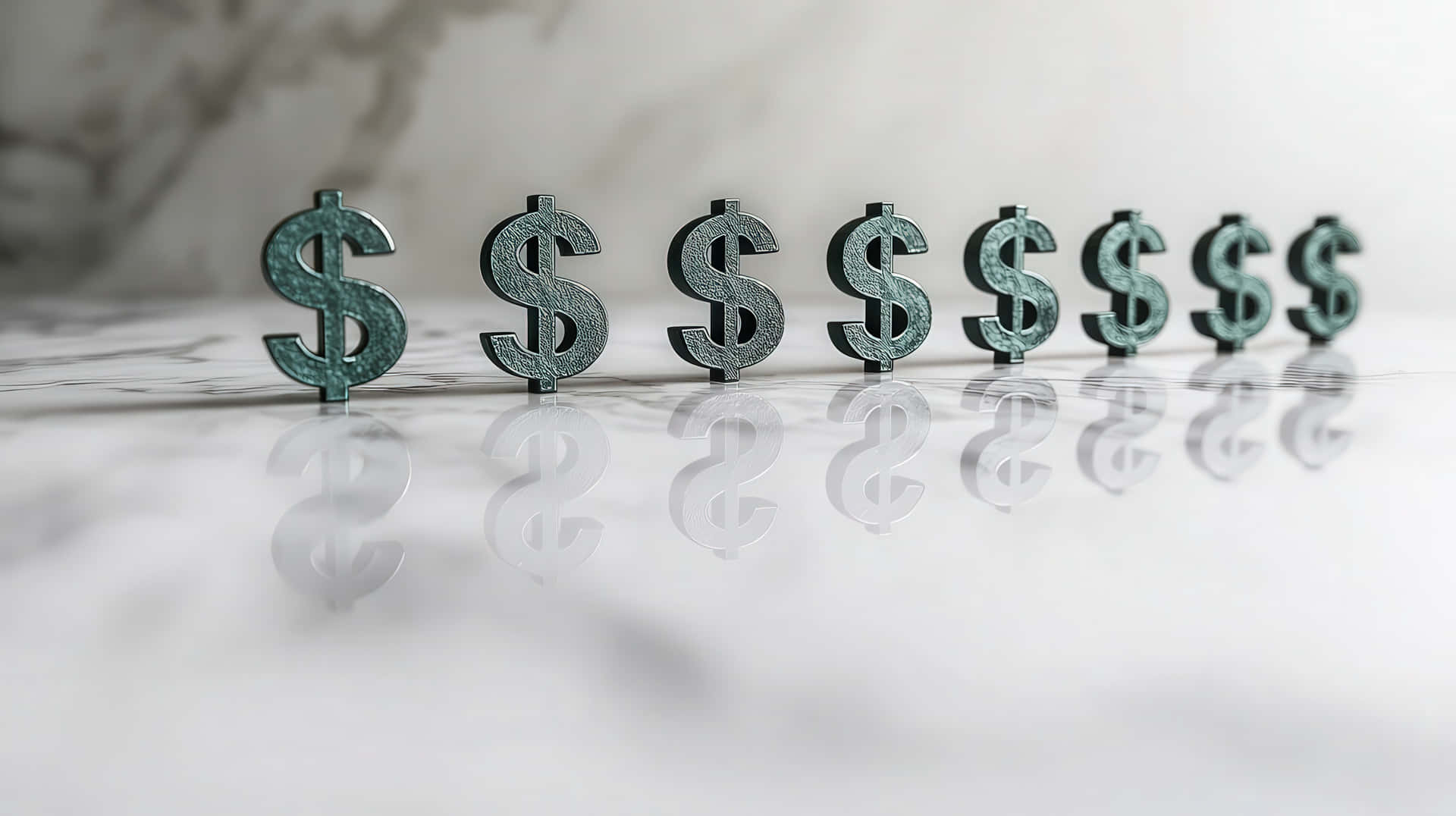 Row of Metal Dollar Symbols on a Marble Surface Representing Finance and Wealth 壁紙 — 七個金屬綠色美元符號排成一列，位於光滑的白色大理石表面上，帶有清晰的倒影。