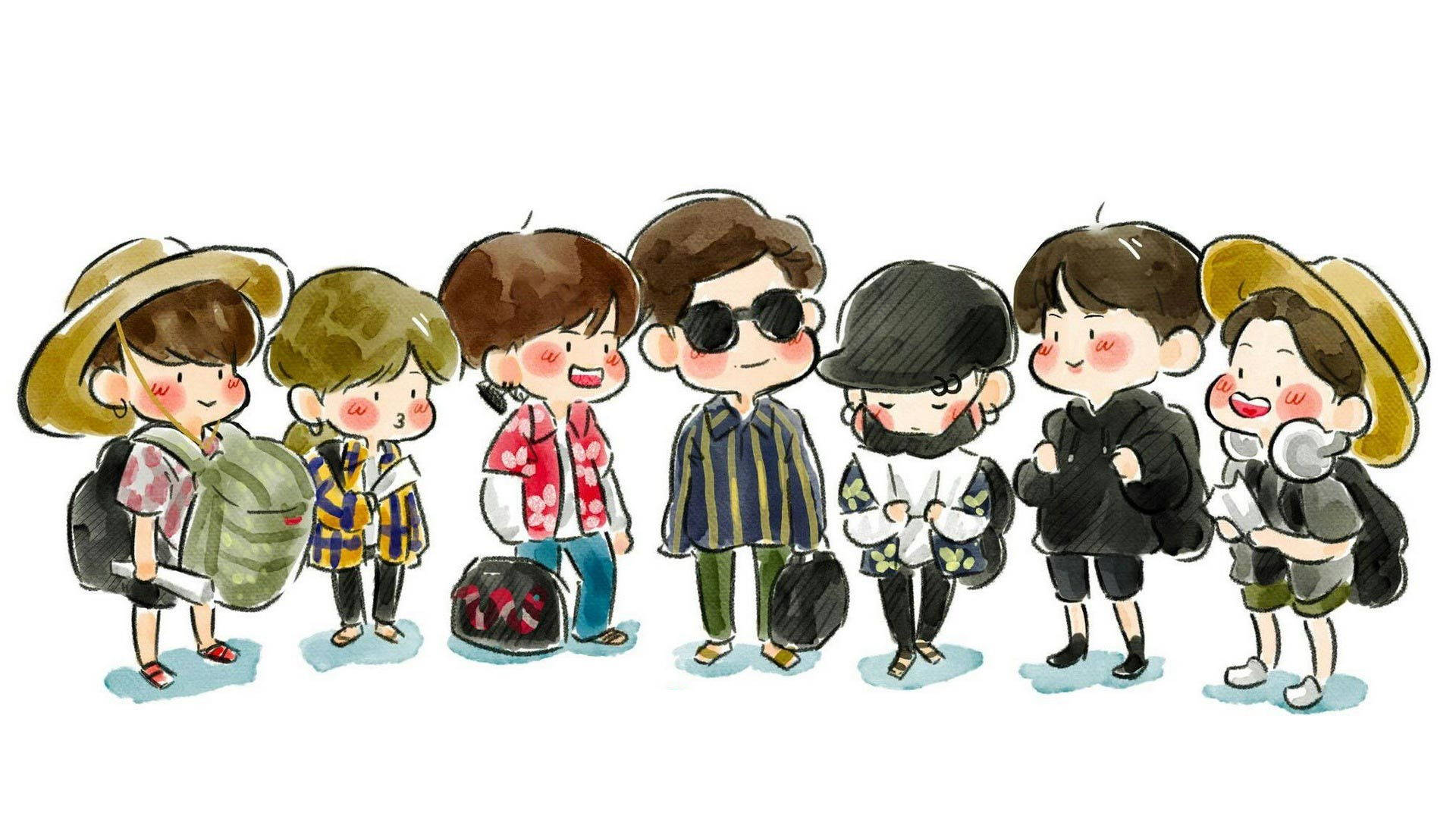 BTS 桌布 壁紙 — 七個開心的動畫風格旅行者，背著背包、戴著帽子，排成一列準備冒險。