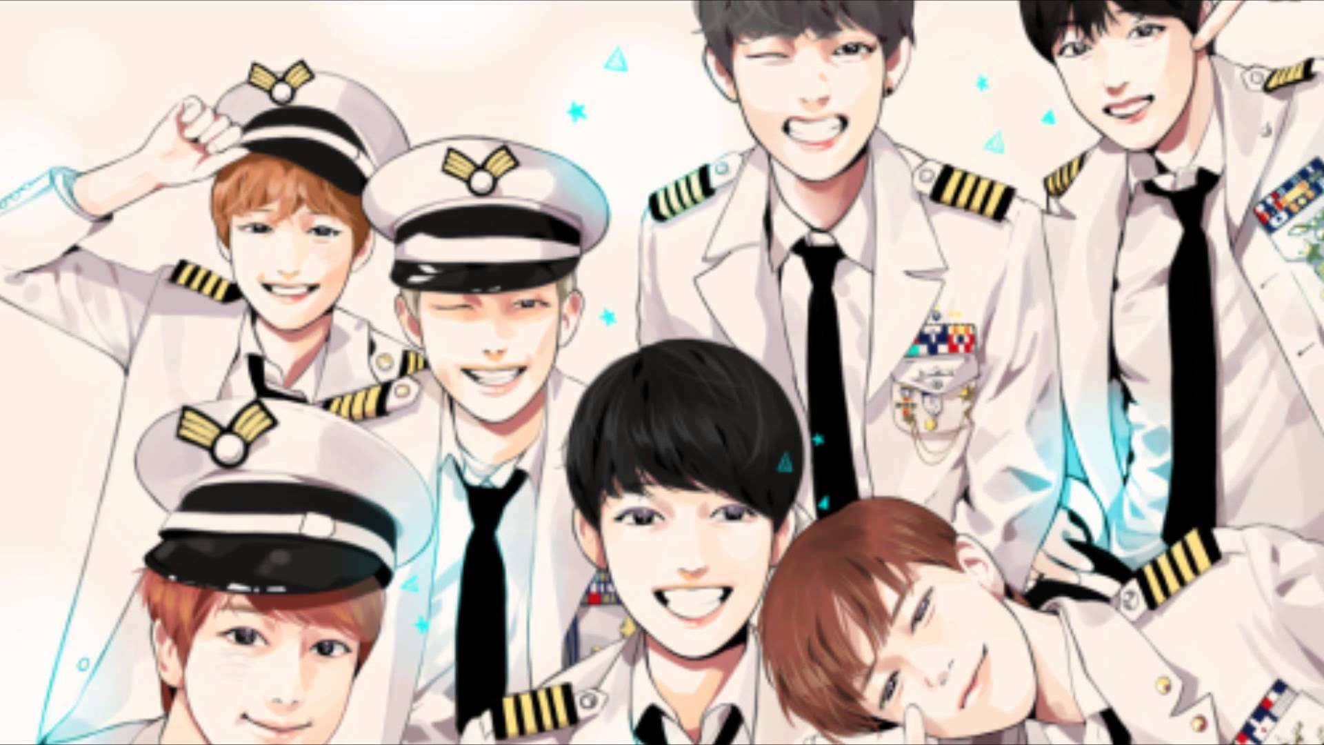 BTS 桌布 壁紙 — 七個開朗的動畫飛行員穿著潔白的制服，頑皮地擺姿勢，周圍漂浮著星光閃爍。
