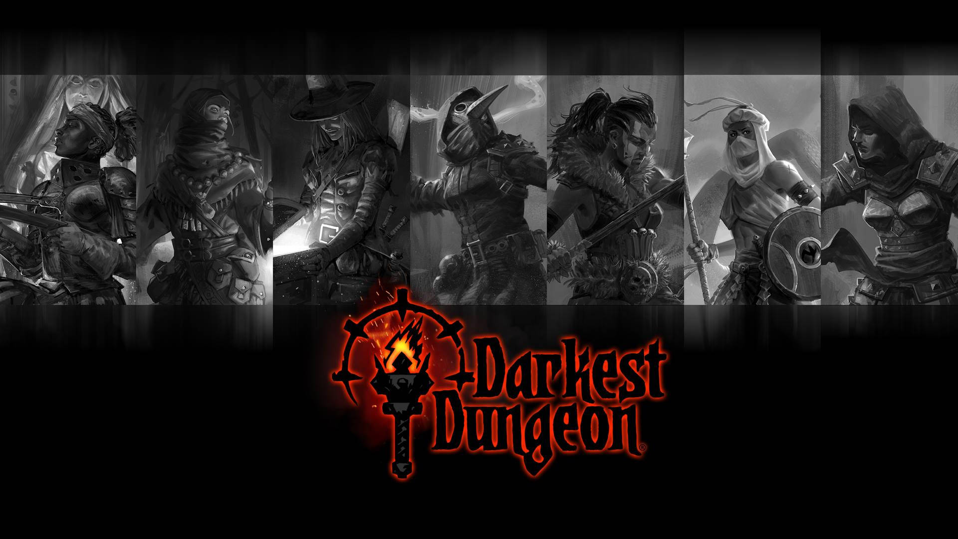 Dungeon 桌布 壁紙 — 七個陰沉的冒險者穿著暗色盔甲，以單色排列站在Darkest Dungeon發光的紅色標誌上方。
