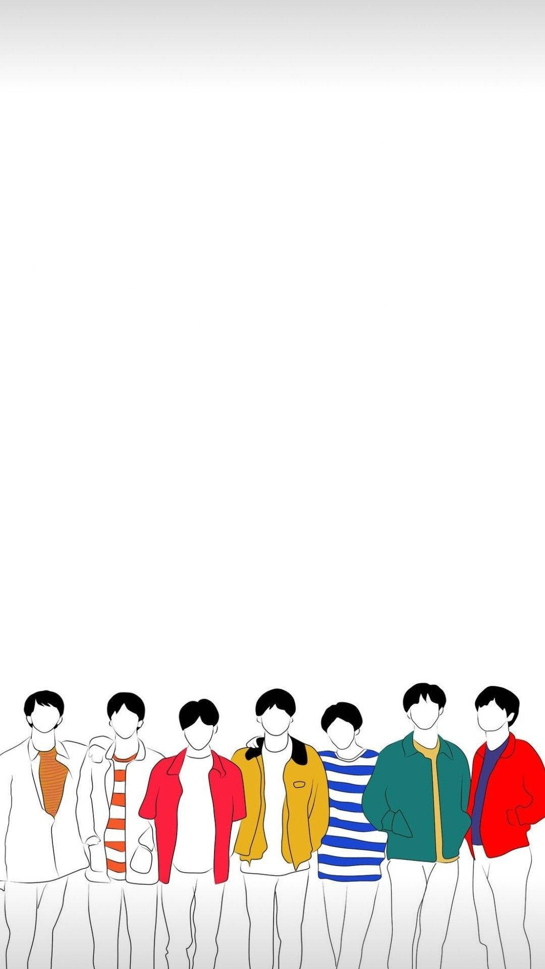 BTS 桌布 壁紙 — 七個風格化人物身穿彩色外套，在極簡白色背景前排成一排。