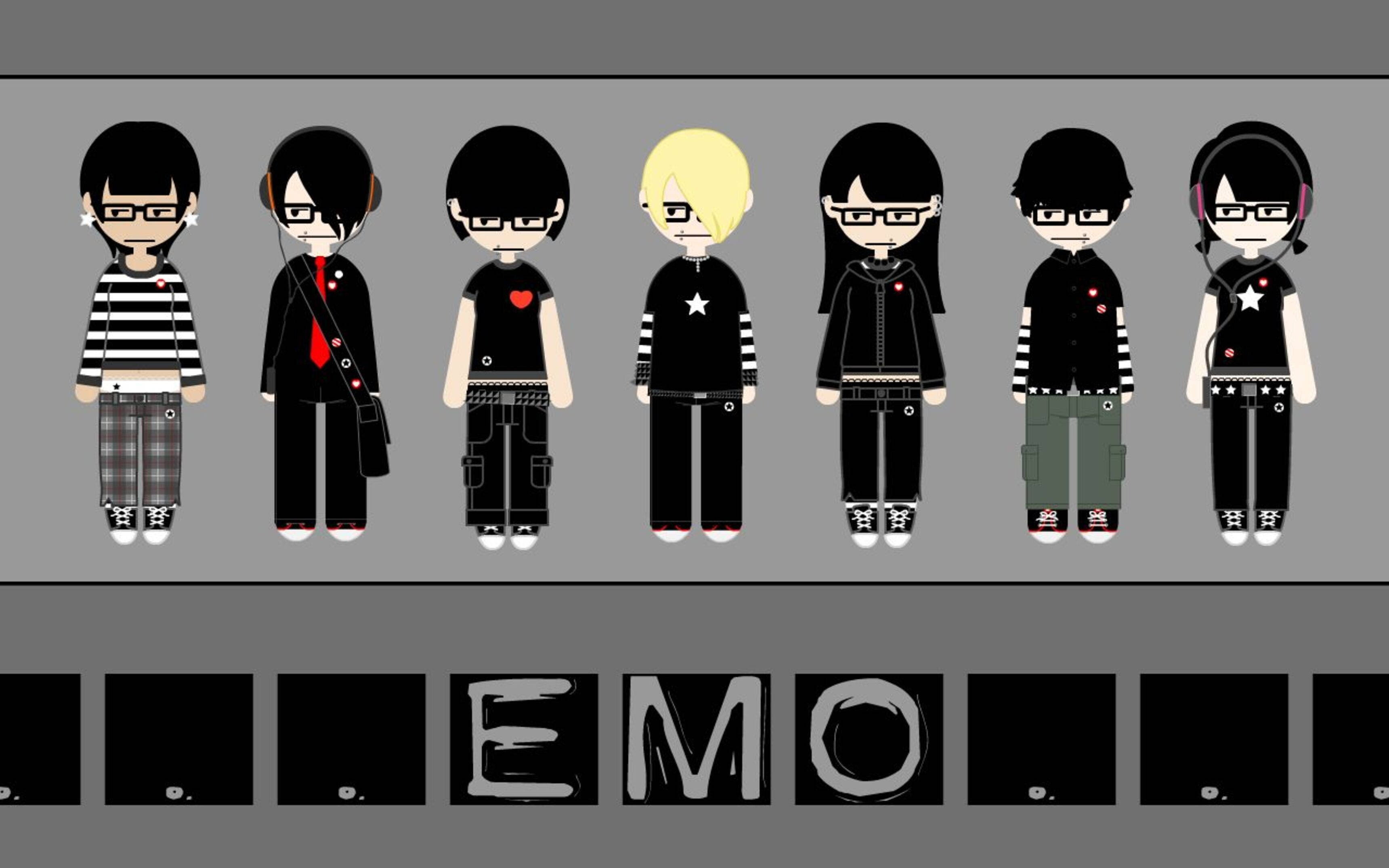 emo 桌布 壁紙 — 七個風格化的emo角色穿著黑白服裝，排成一排站在灰色背景前，下方有「EMO」字樣。