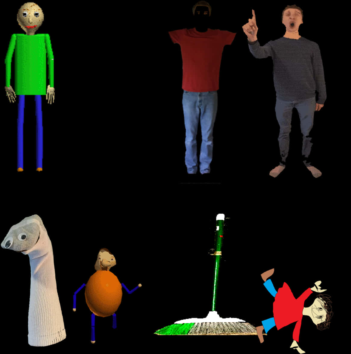 Baldi 桌布 壁紙 — 七個風格化的人物，包括一個綠色人形、一個戴面具的人和一隻襪子木偶，背景為黑色。