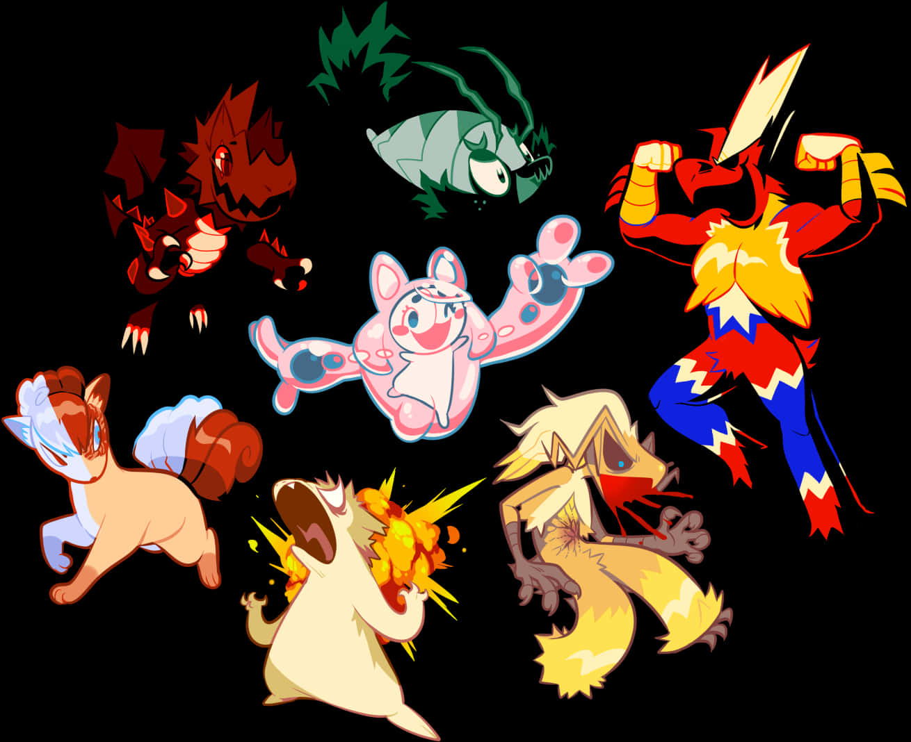 My Hero Academia Anime 桌布 壁紙 — 七個風格化的動漫角色，帶有粗線條和鮮豔色彩，在黑色背景上動態擺姿勢。