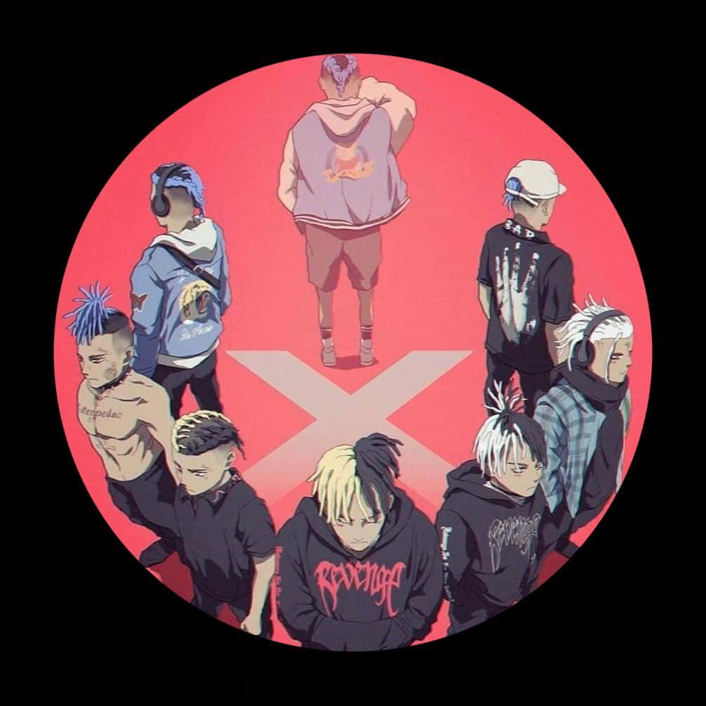 xxxtentacion 動畫 桌布 壁紙 — 七個風格化的動漫角色，擁有獨特的髮型和紋身，在紅色背景上圍繞一個中心人物站成一個圓圈。