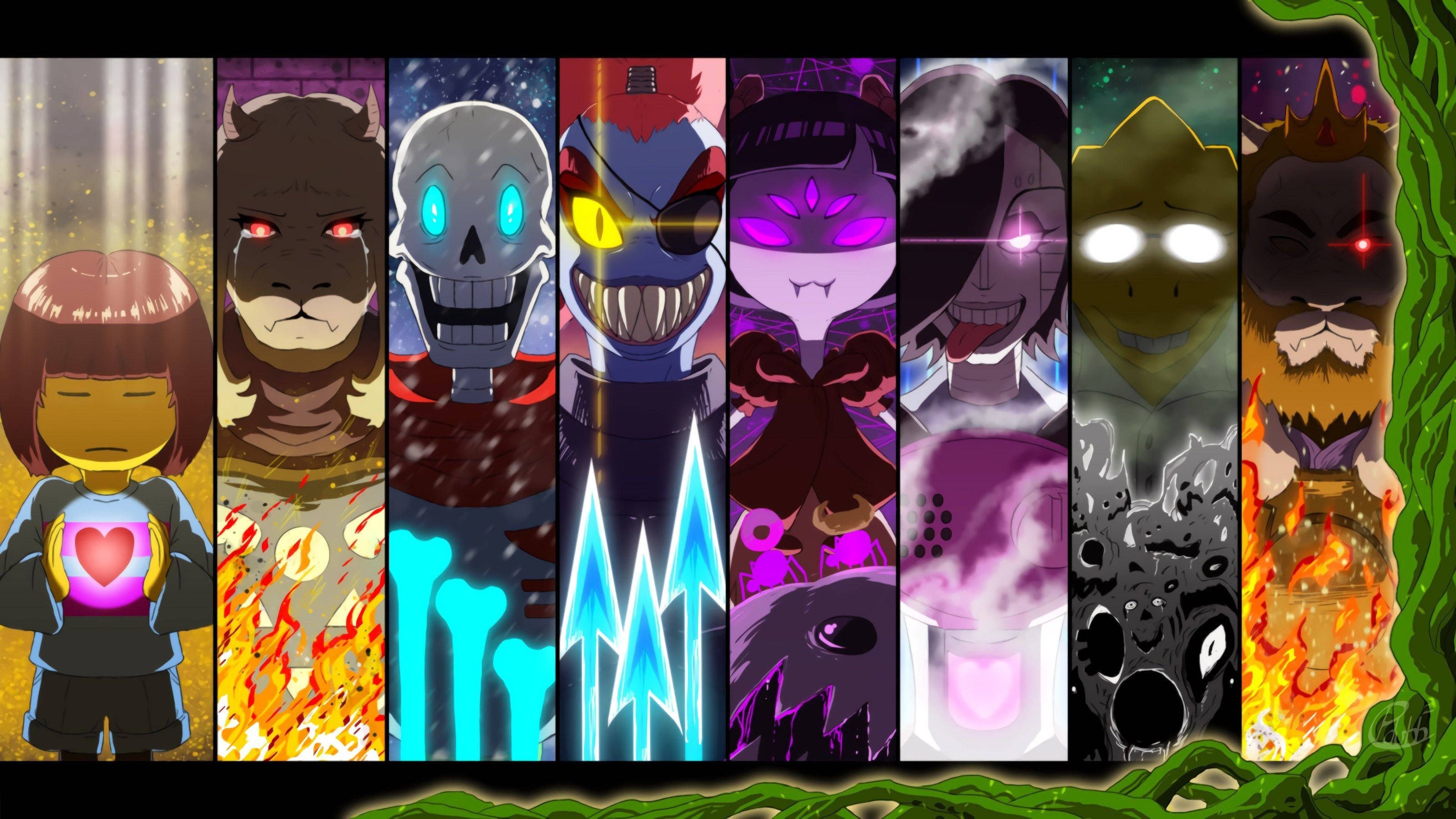 Undertale 桌布 壁紙 — 七個風格化的動漫角色，眼睛發光，帶有火焰或冰凍效果，在深色背景前站成一排。