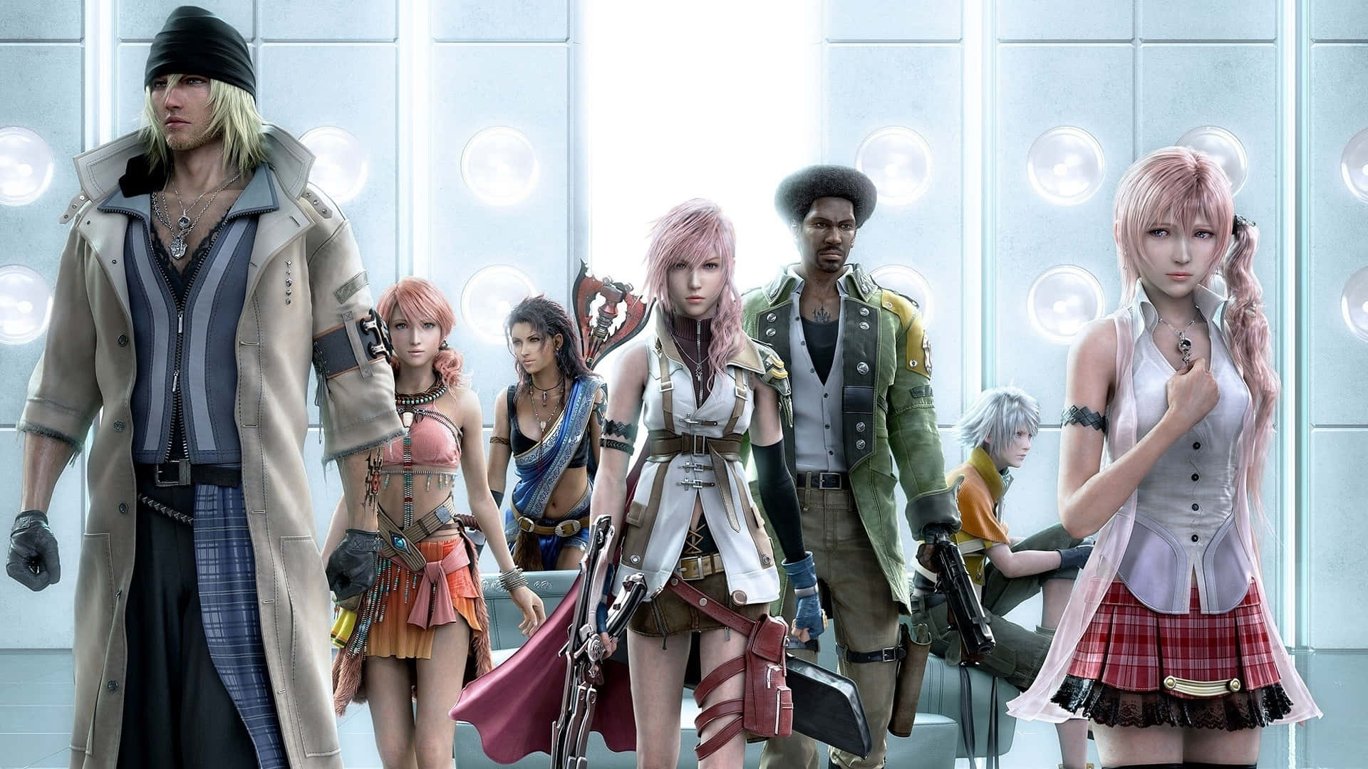 Final Fantasy Characters 桌布 壁紙 — 七個風格化的動漫角色穿著精緻的奇幻服裝，自信地站在一個帶有發光圓形燈光的未來感房間裡。