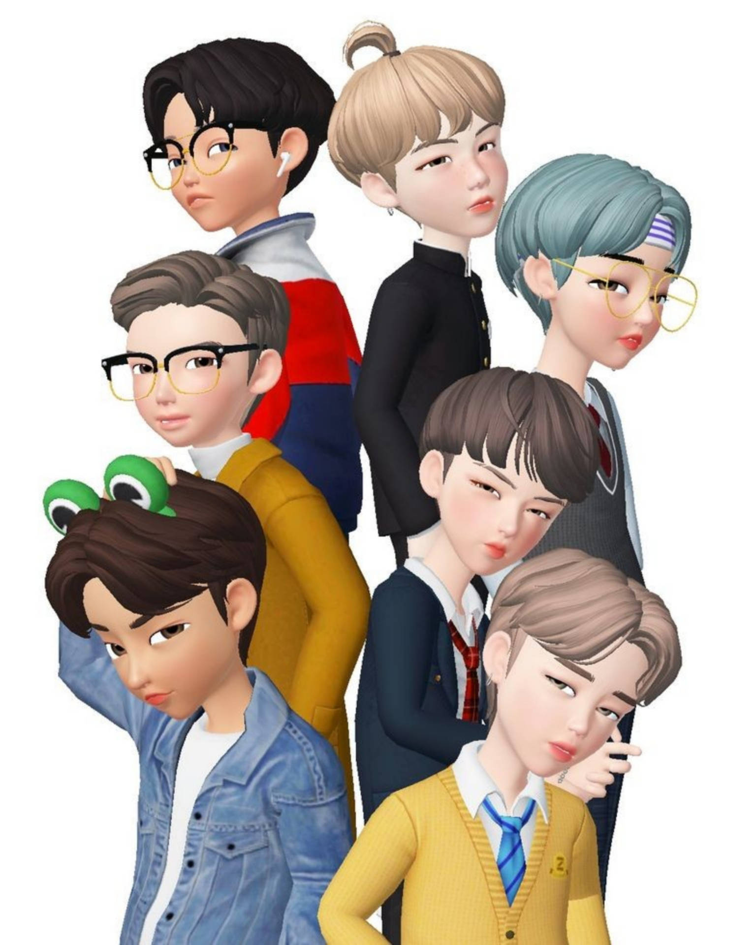BTS 卡通 桌布 壁紙 — 七個風格化的動畫男孩，擁有不同的髮色和服裝，在純白色背景前擺姿勢。