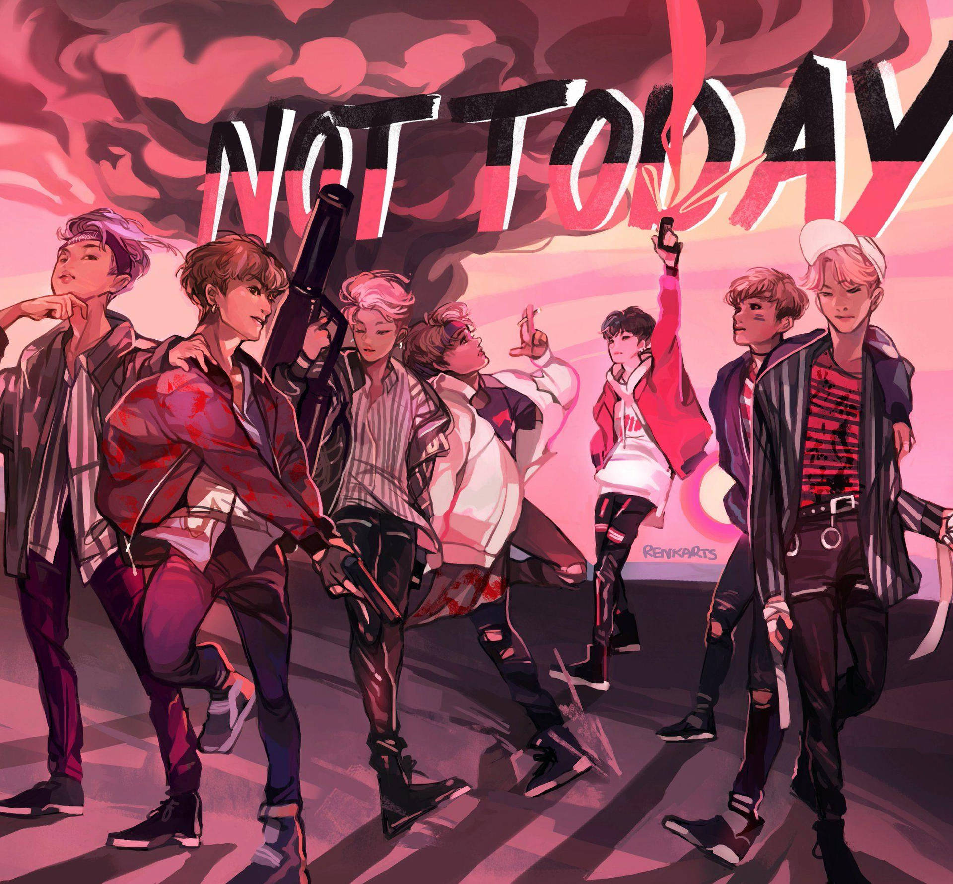Kpop Aesthetic 桌布 壁紙 — 七個風格化的動畫男孩穿著前衛服裝，在粉紅色天空下自信地擺姿勢，並帶有粗體「NOT TODAY」文字。